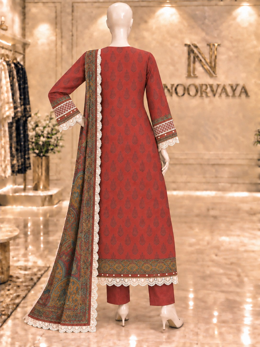 Rust Paisley 3-Piece Printed Lawn Suit - back view