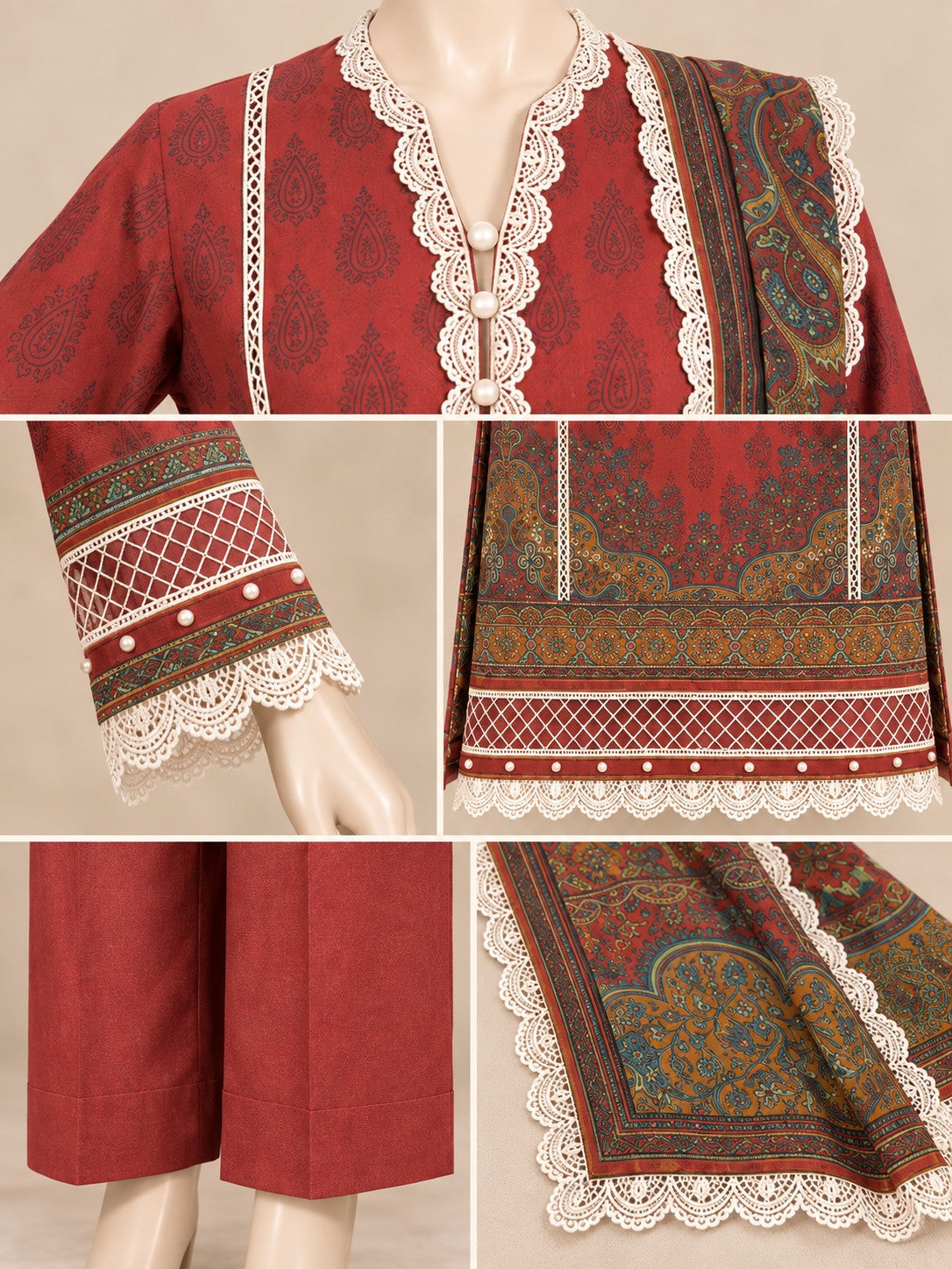 Rust Paisley 3-Piece Printed Lawn Suit - details view