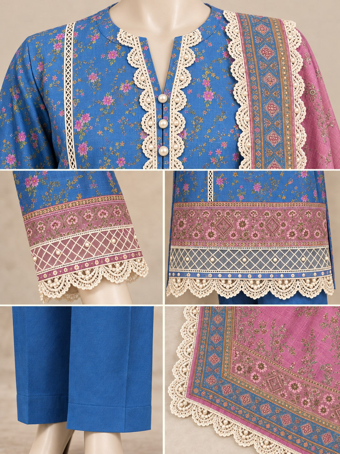 Blue Rose 3-Piece Printed Suit - details view