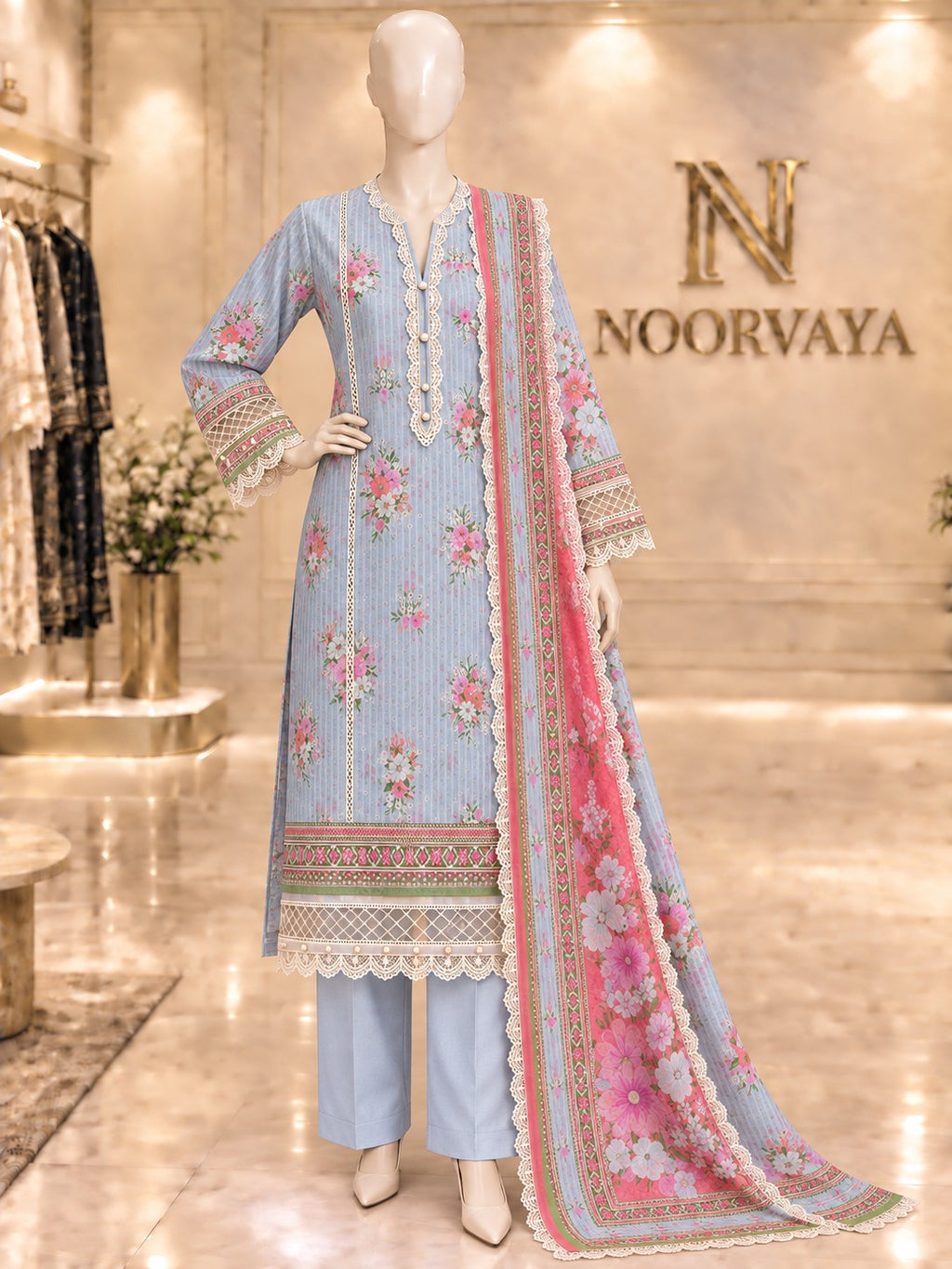 Pale Blue Coral 3-Piece Printed Suit - front view