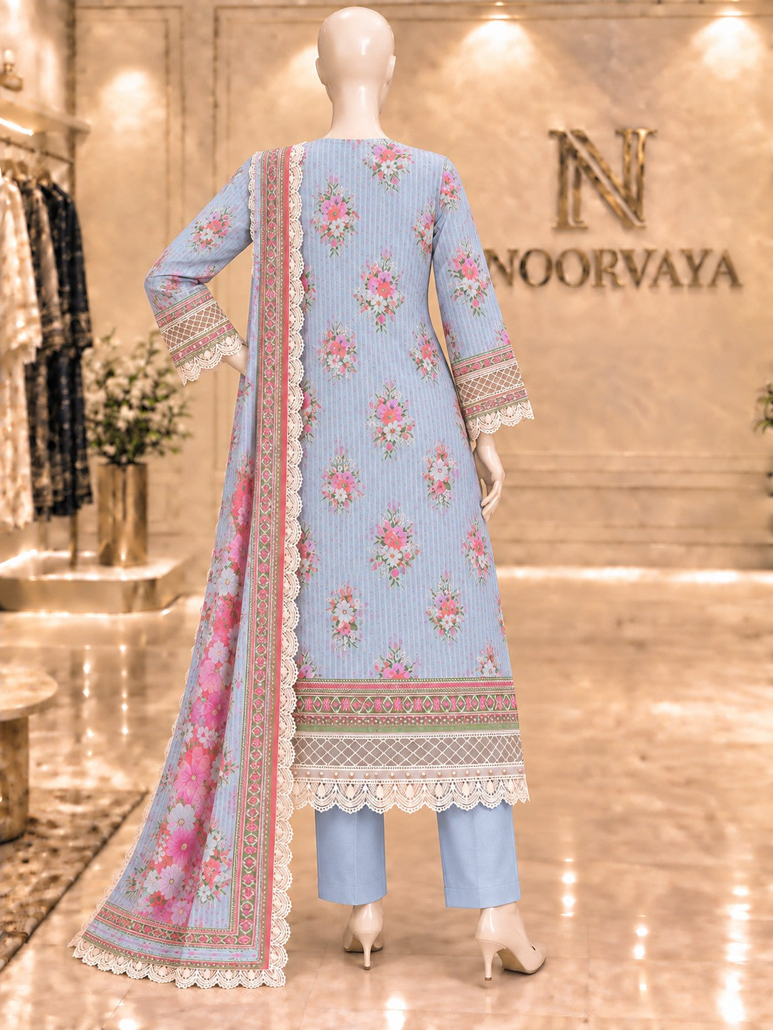 Pale Blue Coral 3-Piece Printed Suit - back view