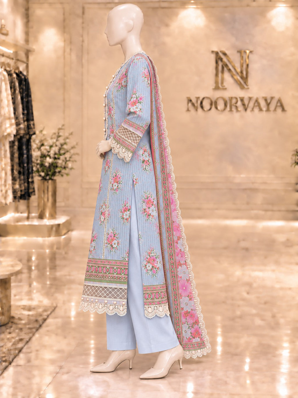 Pale Blue Coral 3-Piece Printed Suit - left view