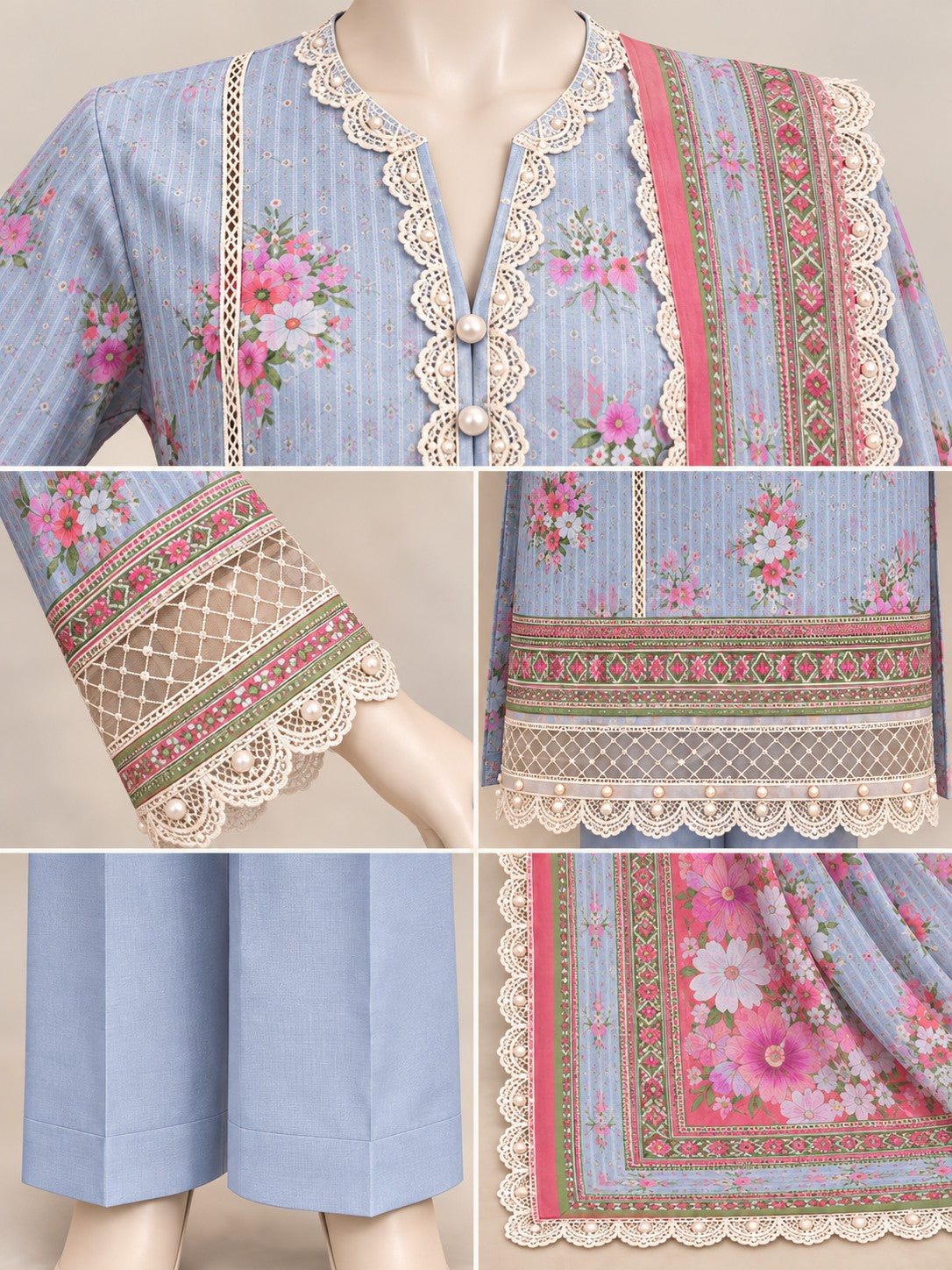 Pale Blue Coral 3-Piece Printed Suit - details view