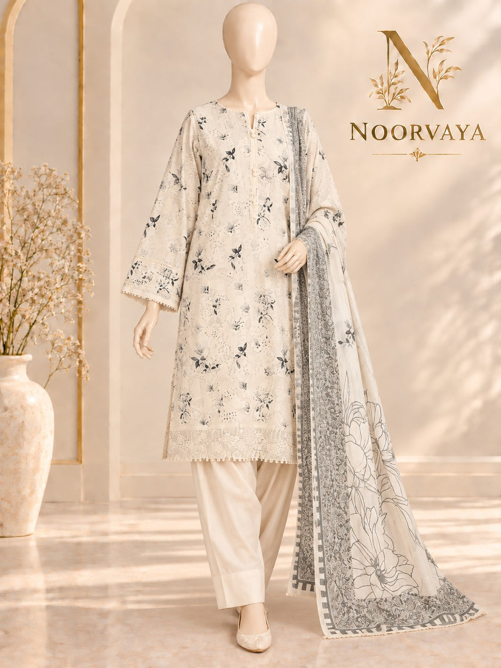 Ivory Botanical 3-Piece Printed Suit - front final view