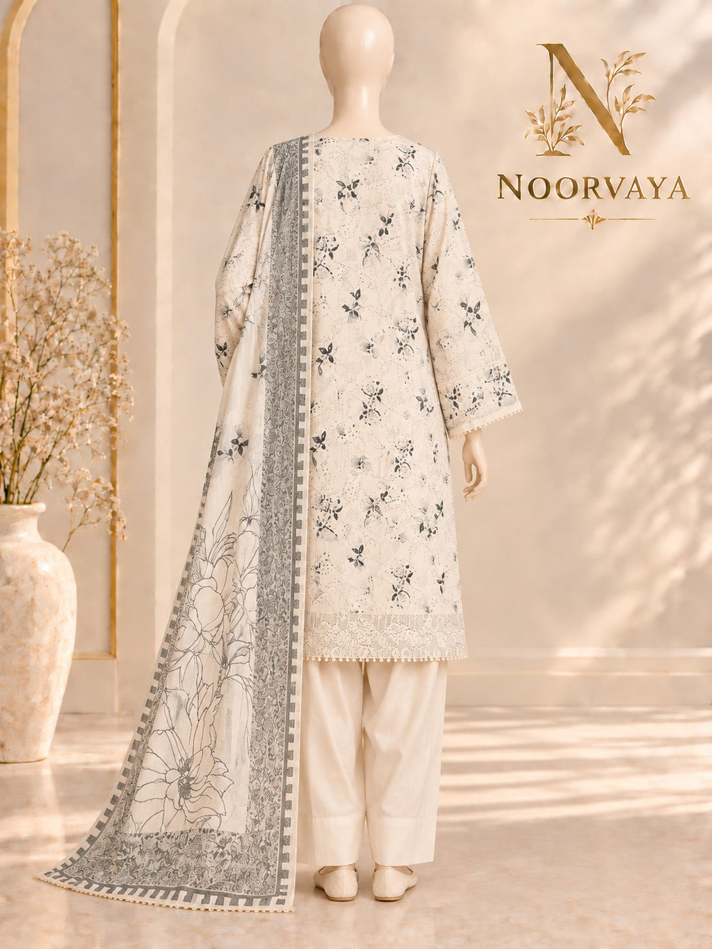 Ivory Botanical 3-Piece Printed Suit - back view