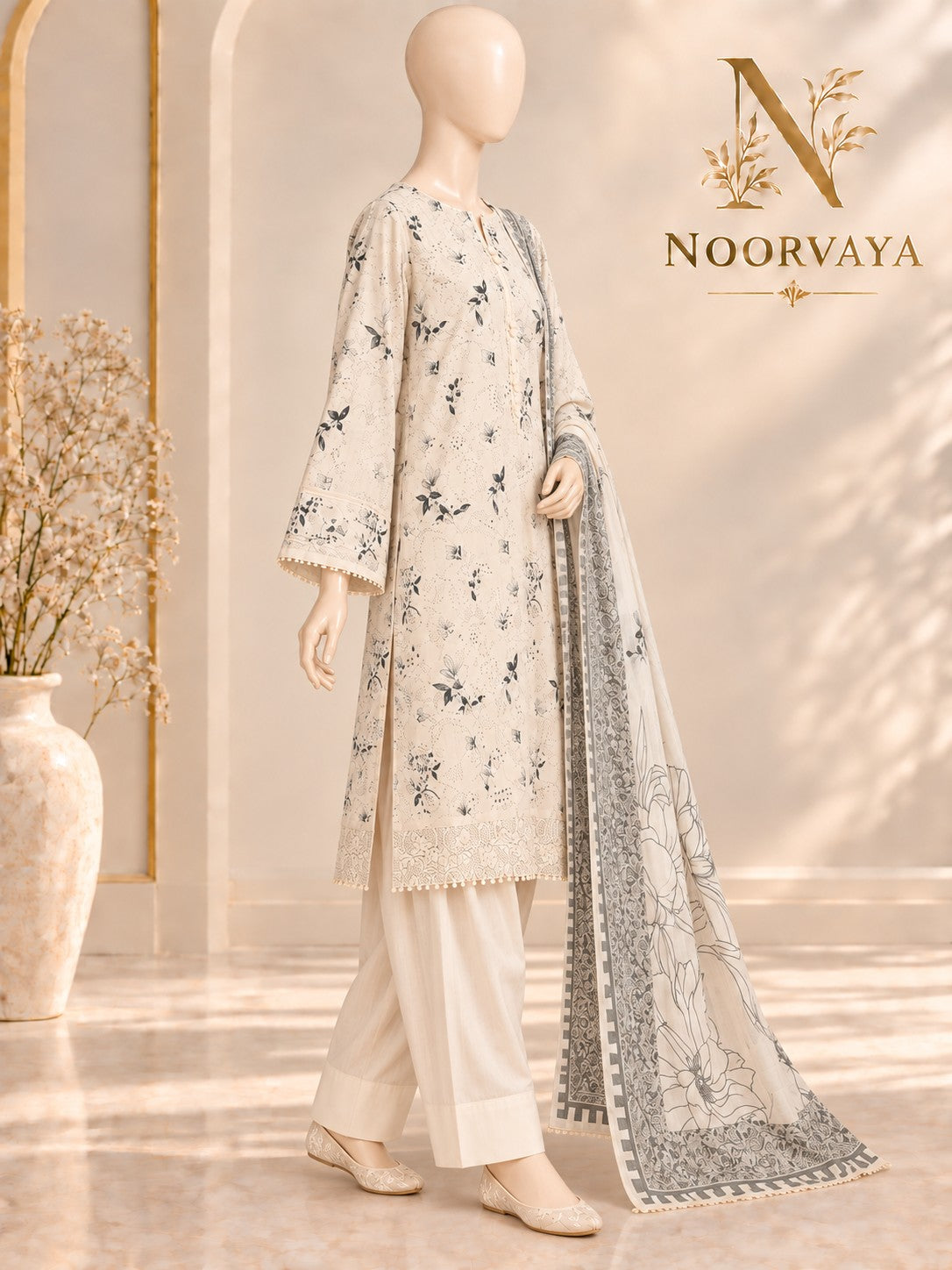 Ivory Botanical 3-Piece Printed Suit - left view