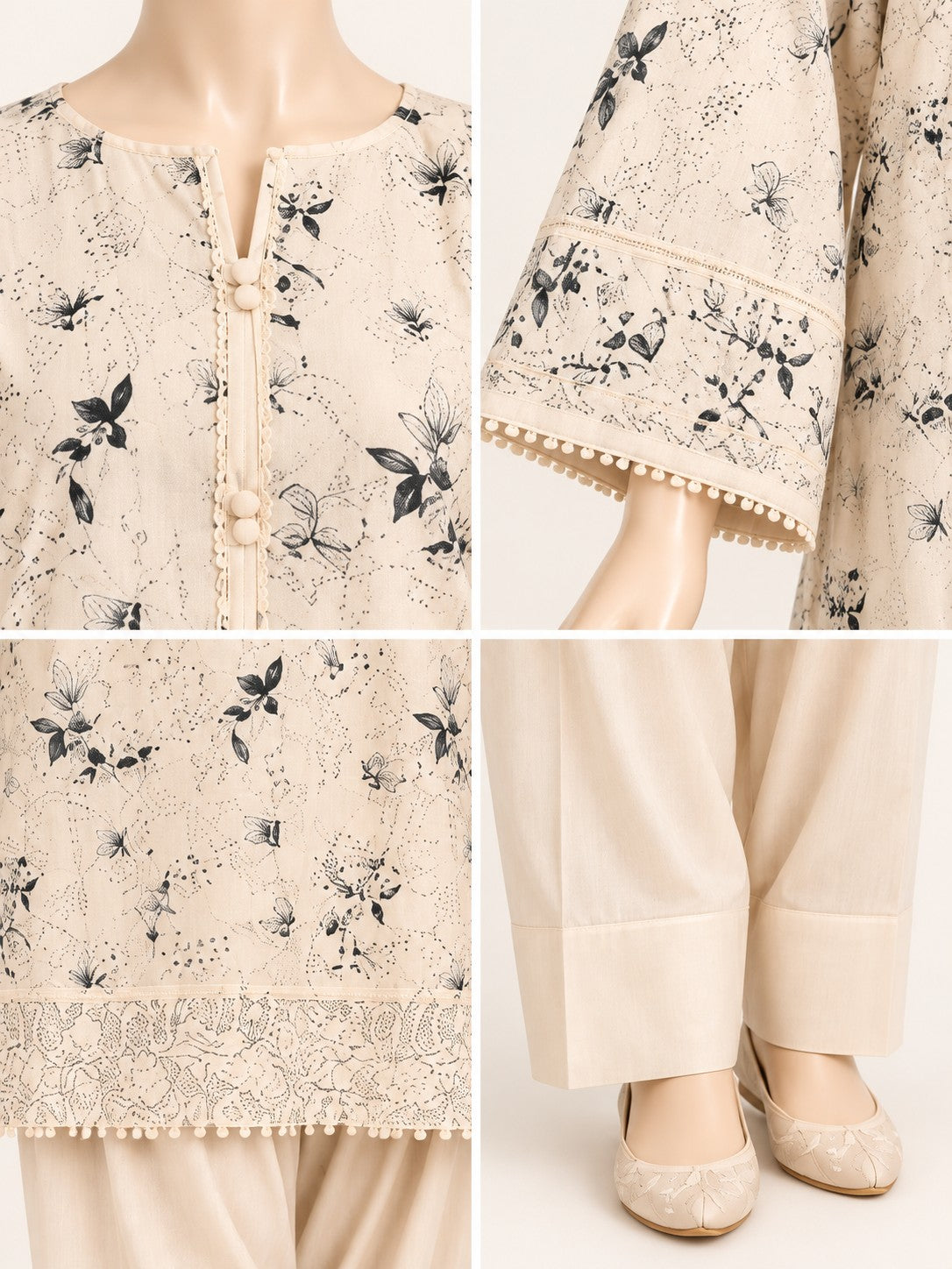 Ivory Botanical 3-Piece Printed Suit - details view
