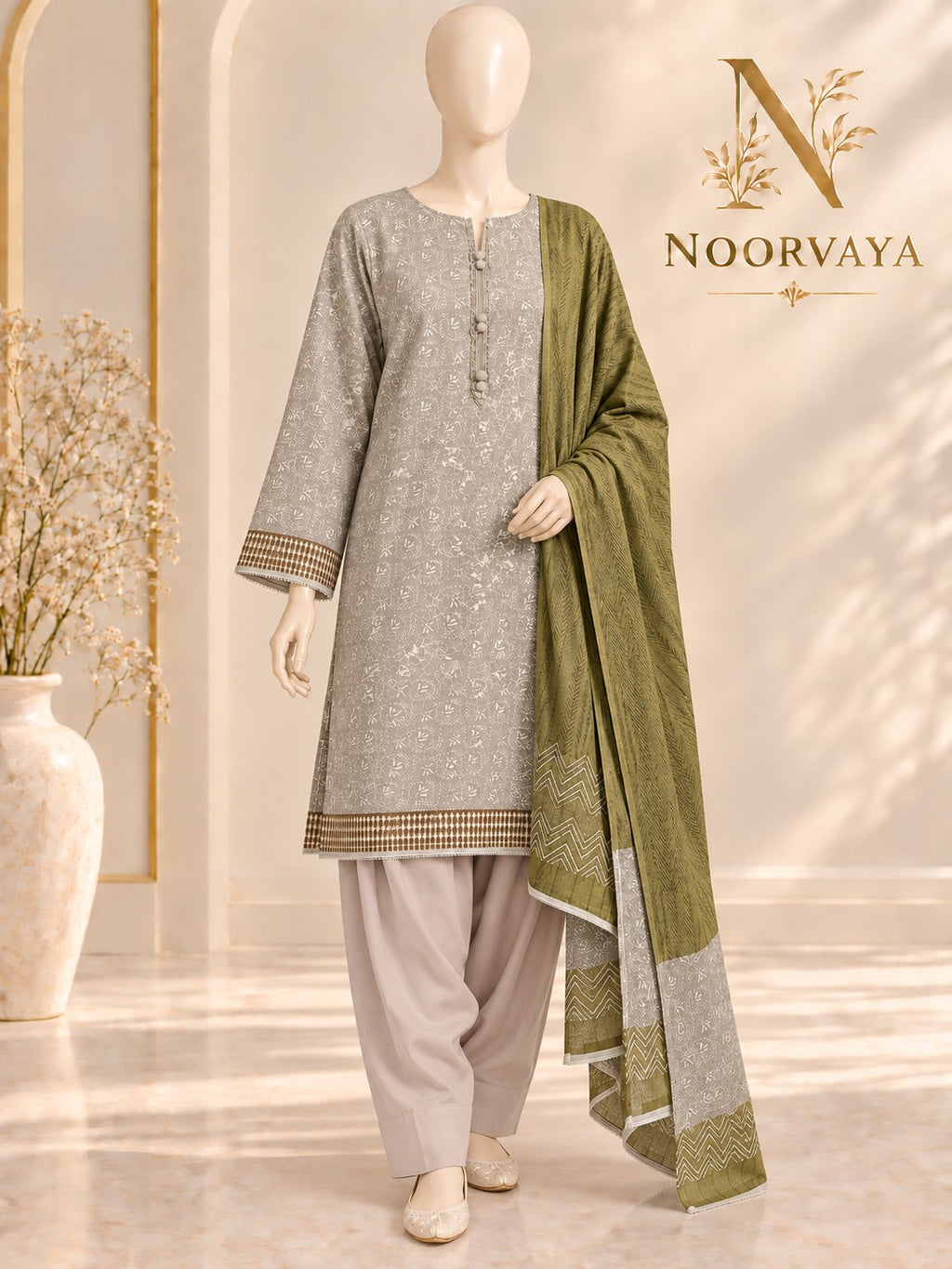 Grey Olive 3-Piece Printed Lawn Suit - front final view