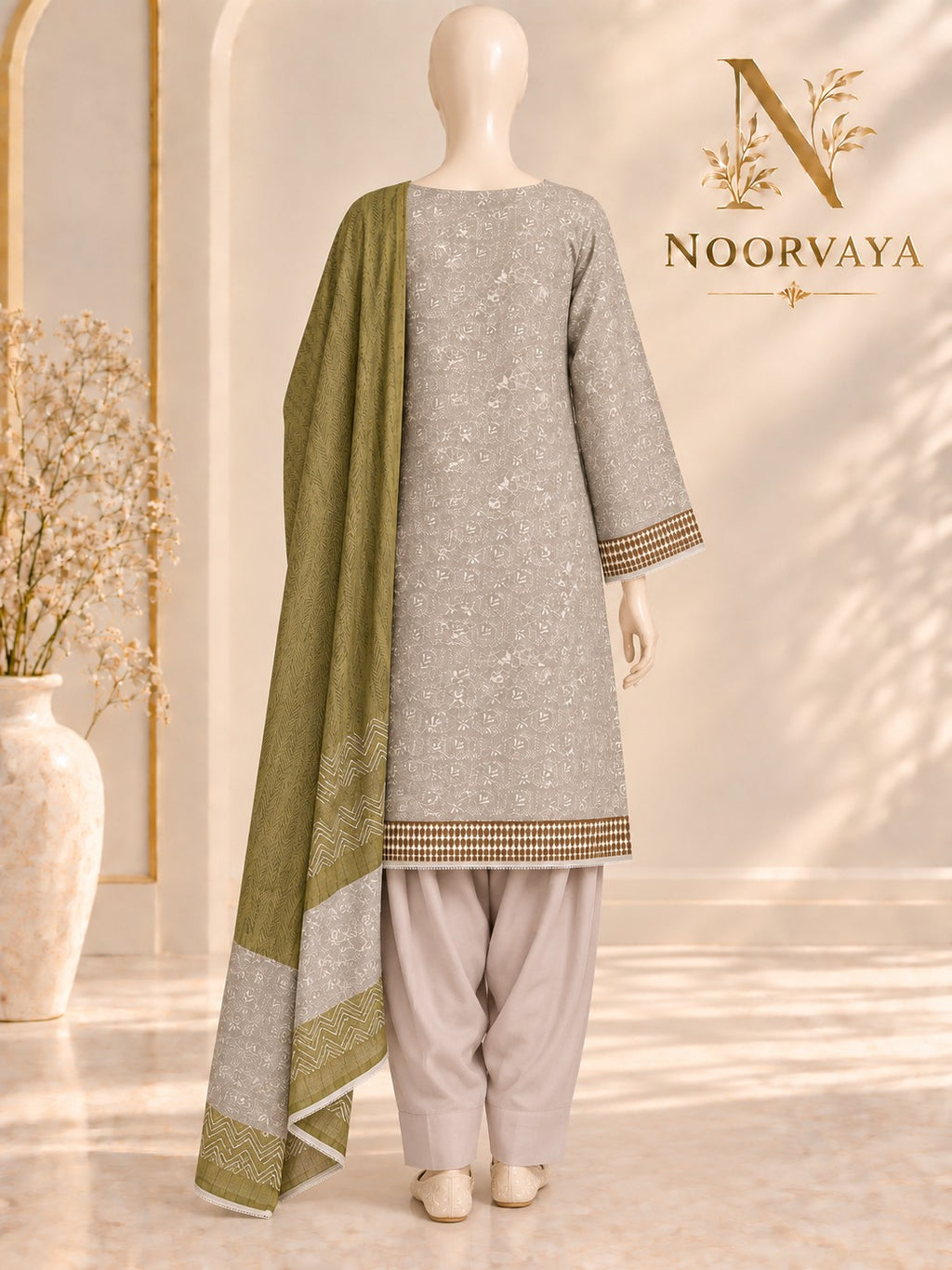 Grey Olive 3-Piece Printed Lawn Suit - back view