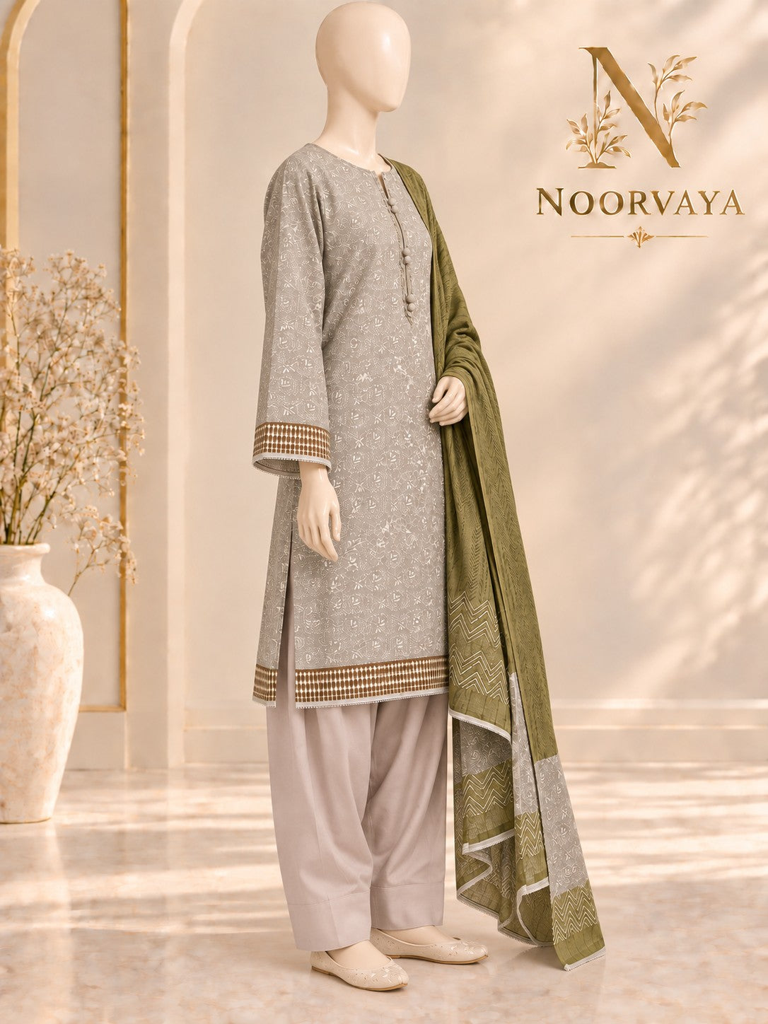 Grey Olive 3-Piece Printed Lawn Suit - left view