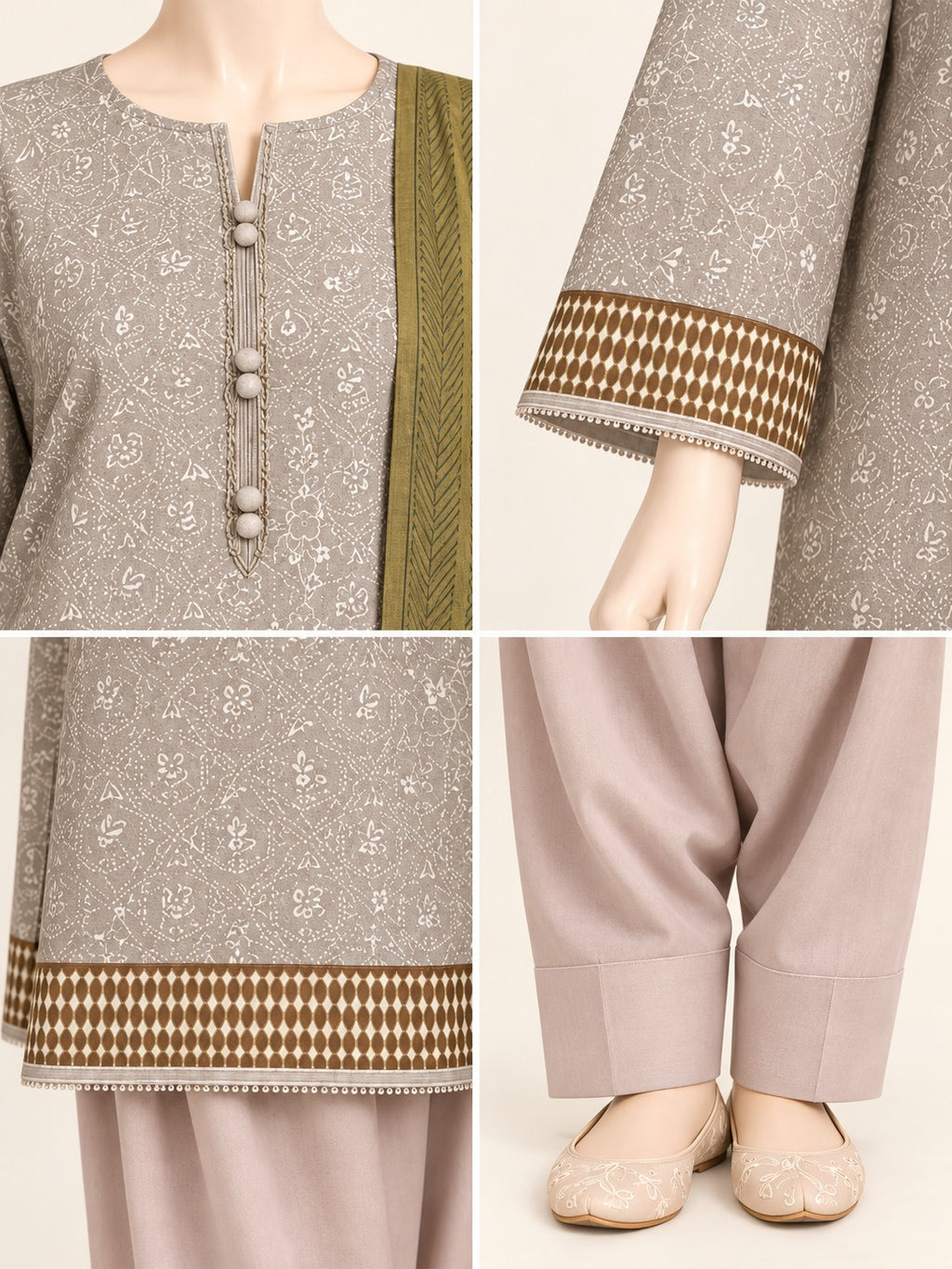 Grey Olive 3-Piece Printed Lawn Suit - details view