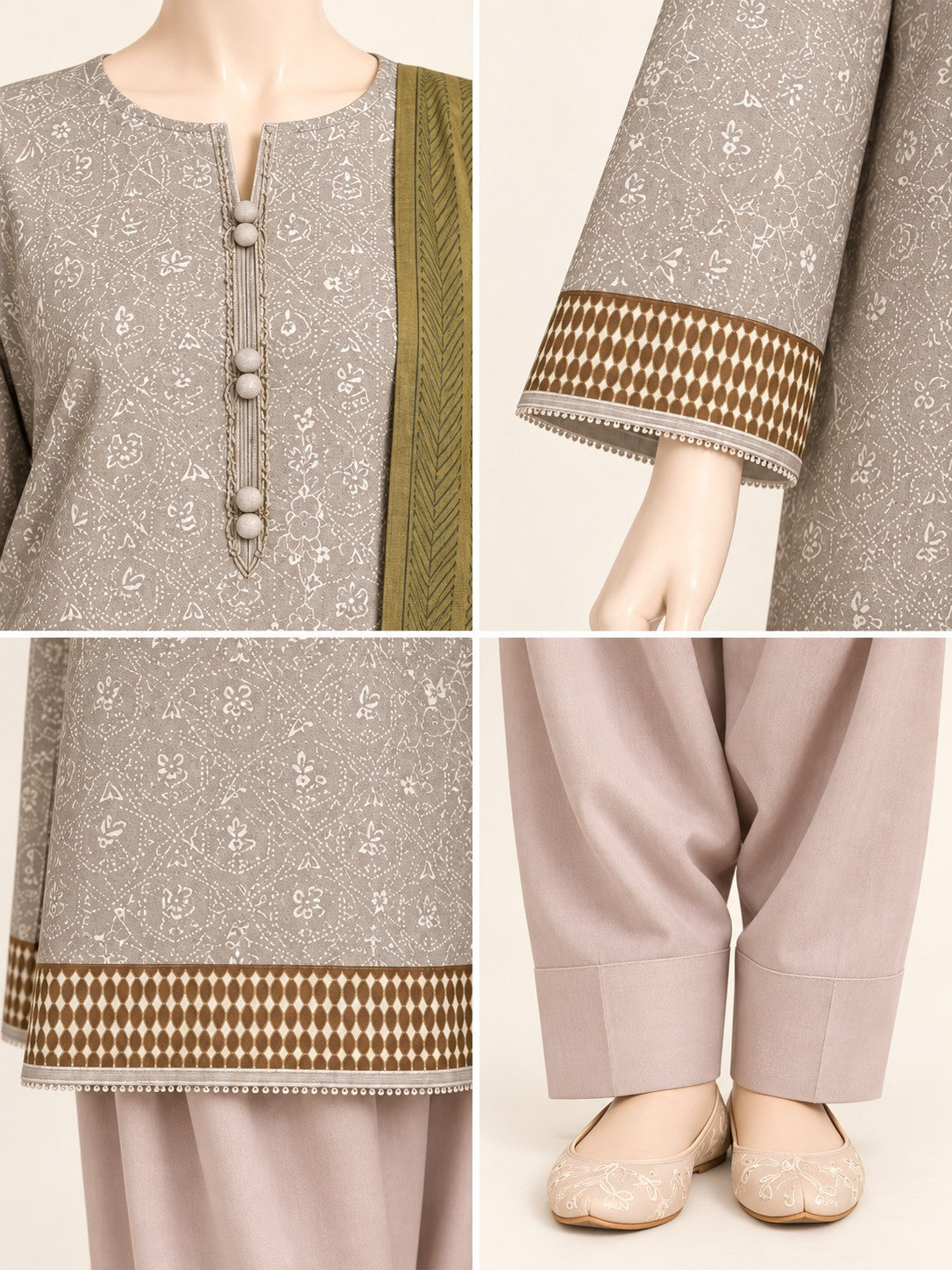 Grey Olive 3-Piece Printed Lawn Suit - details view