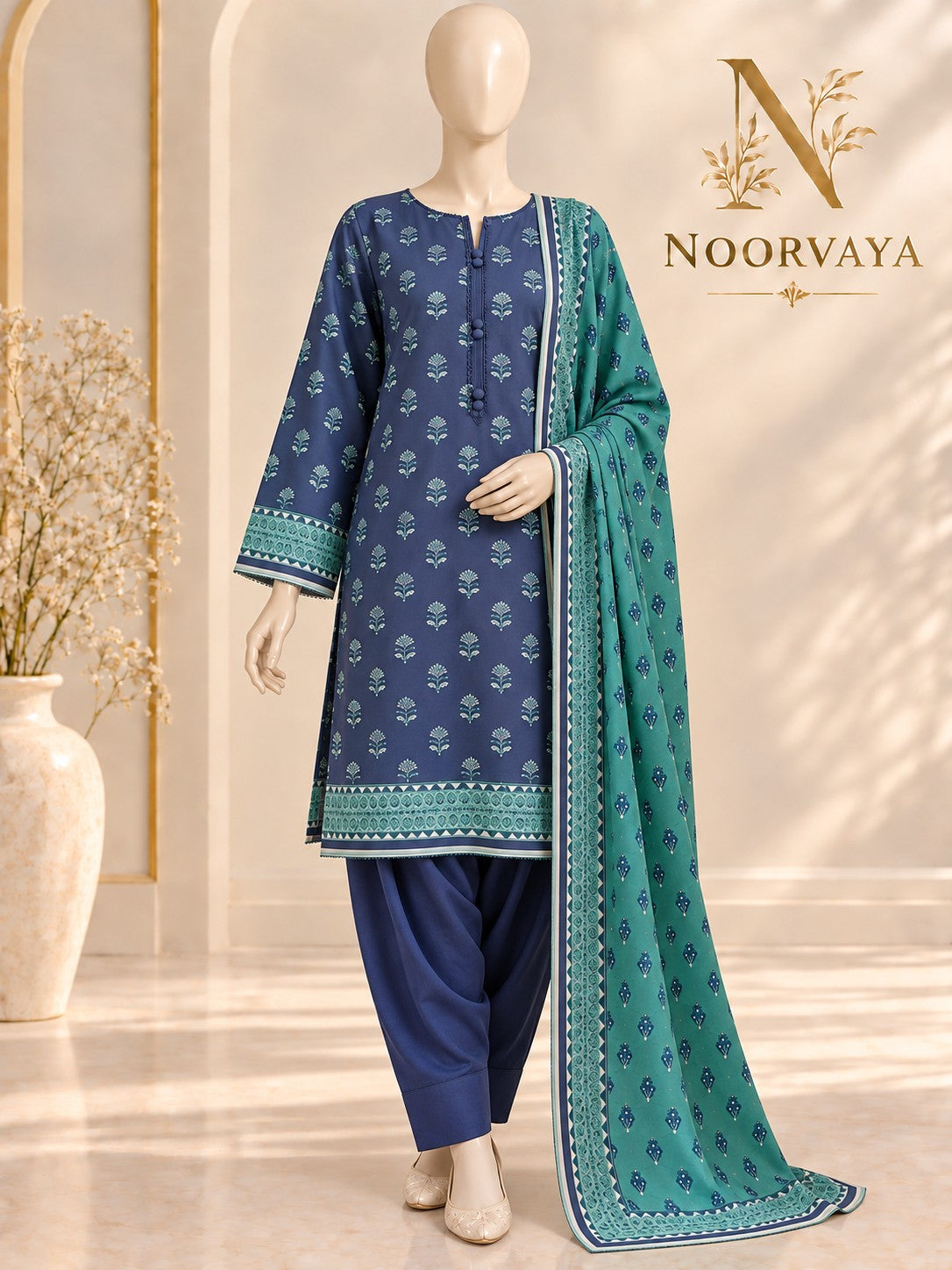 Navy Teal Sprigs 3-Piece Printed Suit - front final view