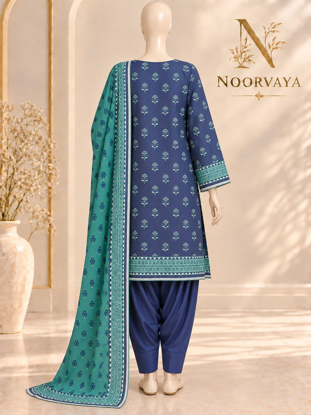 Navy Teal Sprigs 3-Piece Printed Suit - back view
