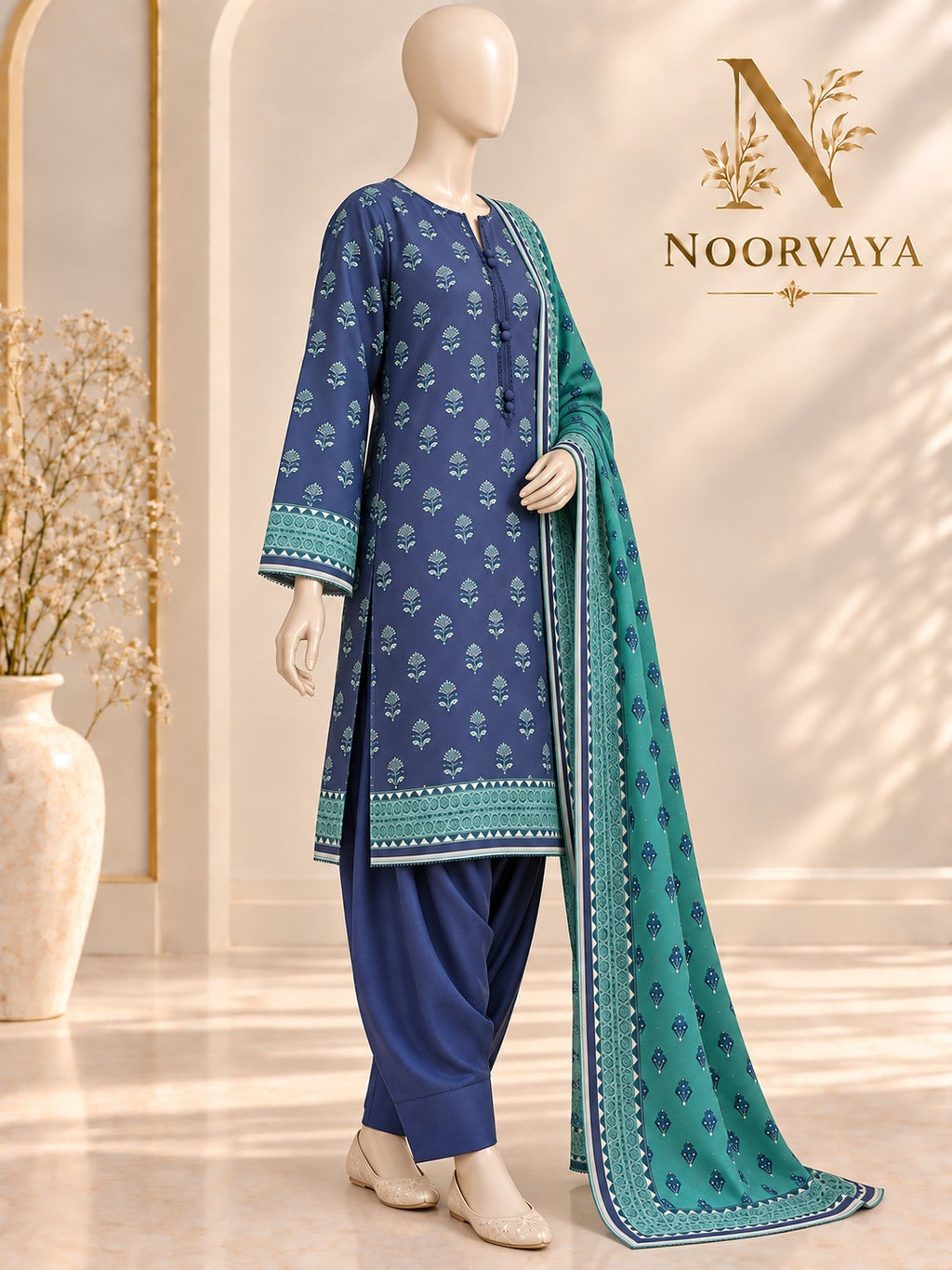 Navy Teal Sprigs 3-Piece Printed Suit - left view