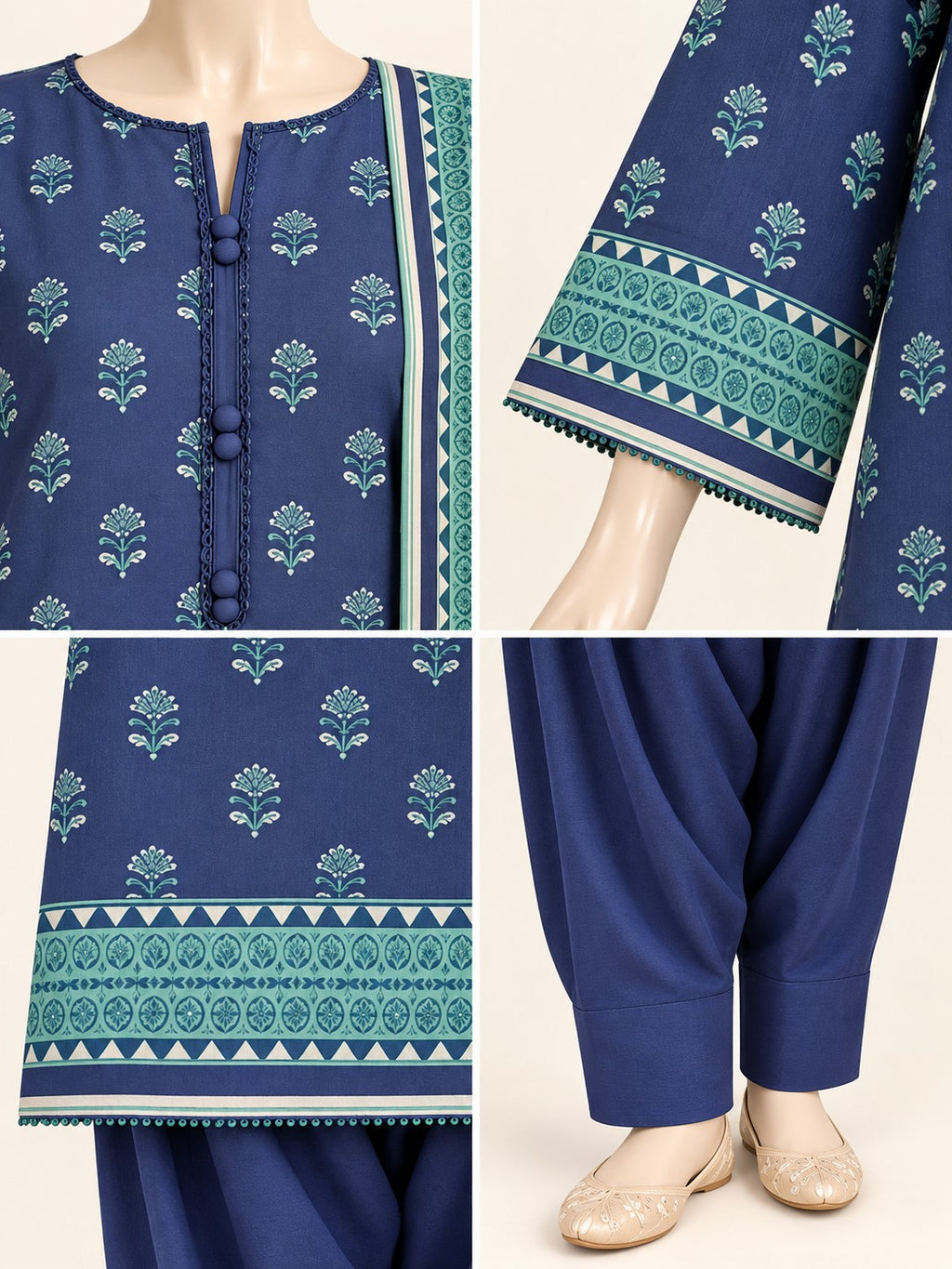 Navy Teal Sprigs 3-Piece Printed Suit - details view