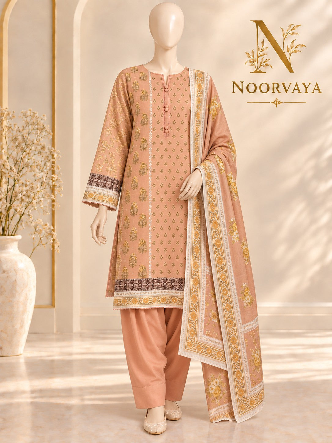Peach Gold 3-Piece Printed Suit - front final view
