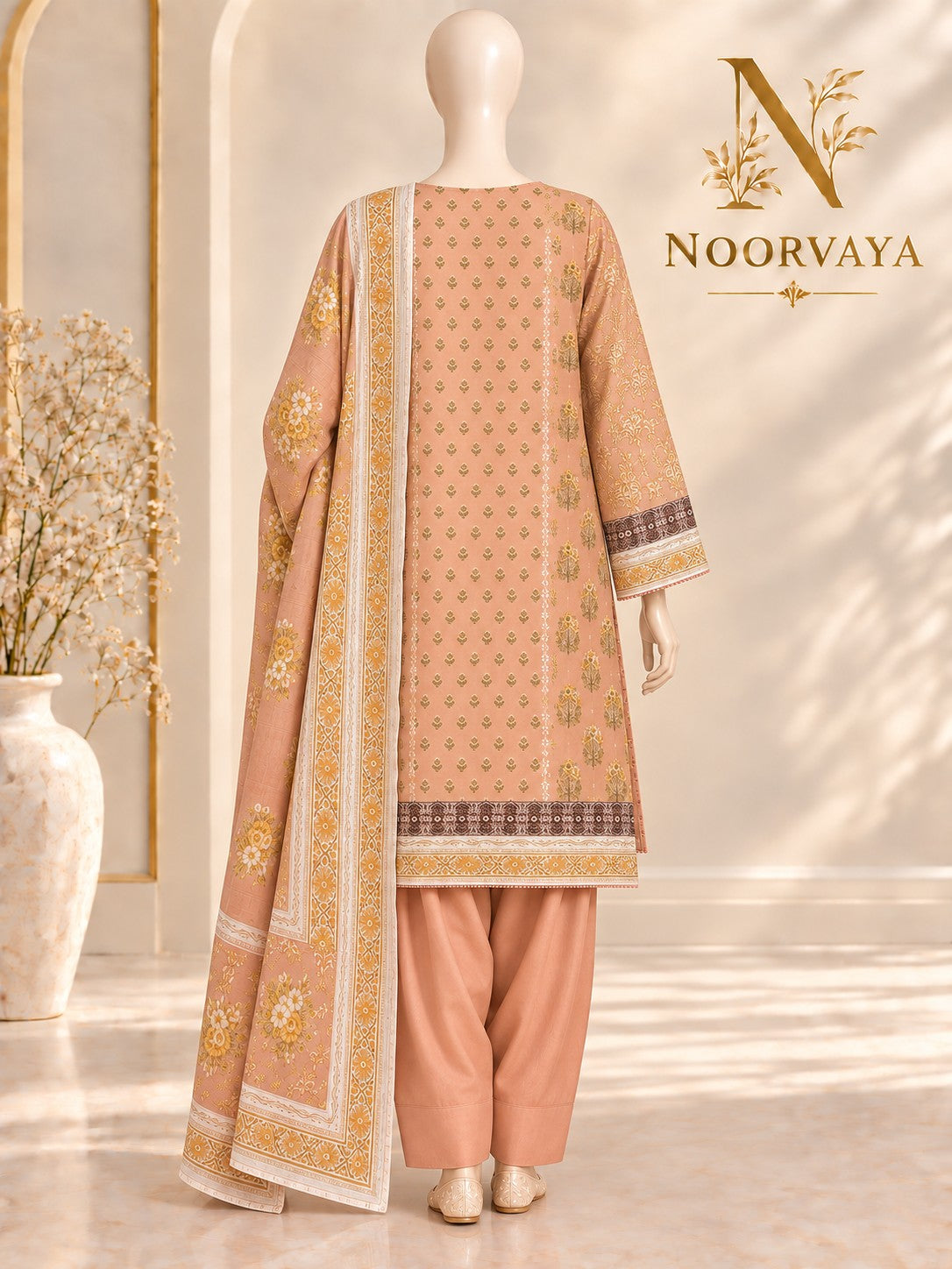 Peach Gold 3-Piece Printed Suit - back view