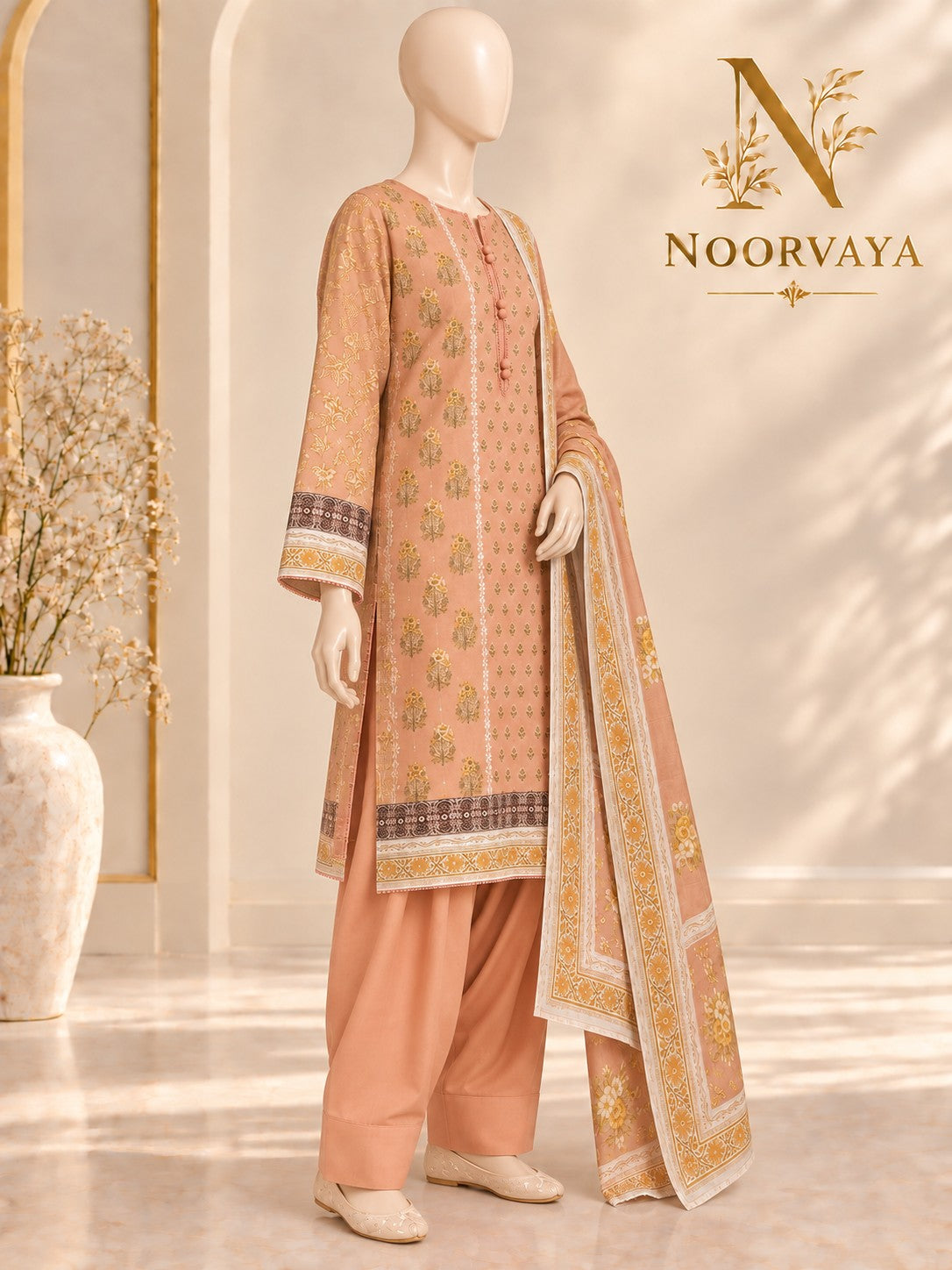 Peach Gold 3-Piece Printed Suit - left view