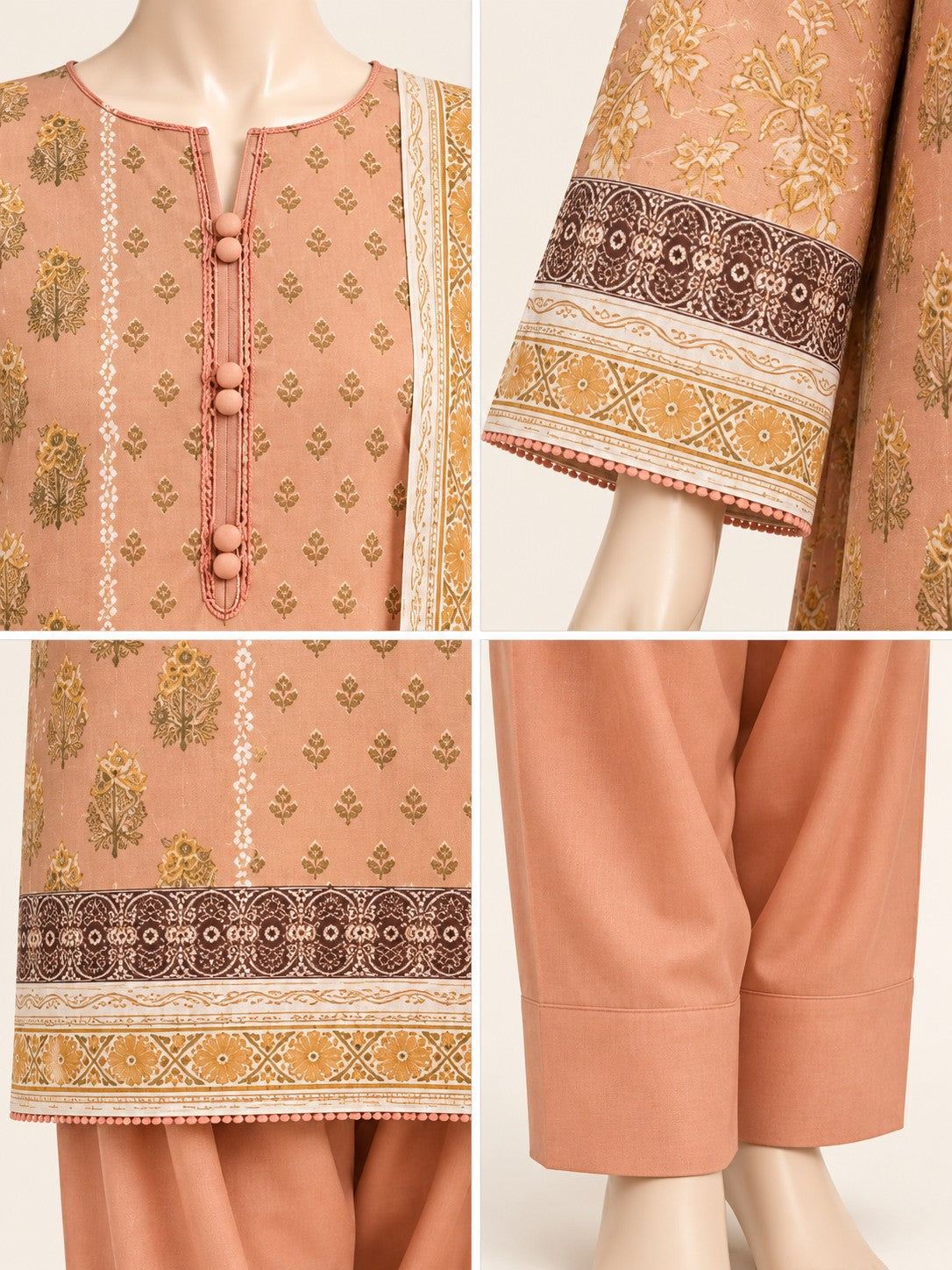 Peach Gold 3-Piece Printed Suit - details view