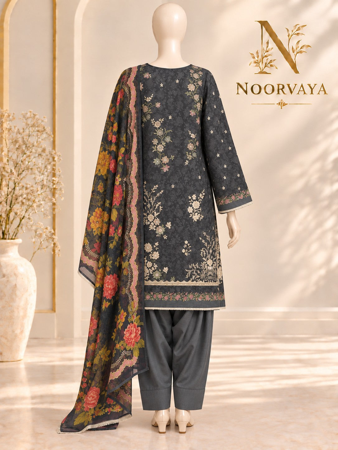 Charcoal Floral 3-Piece Printed Suit - back view