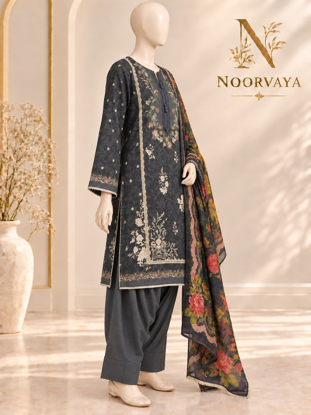 Charcoal Floral 3-Piece Printed Suit - left view