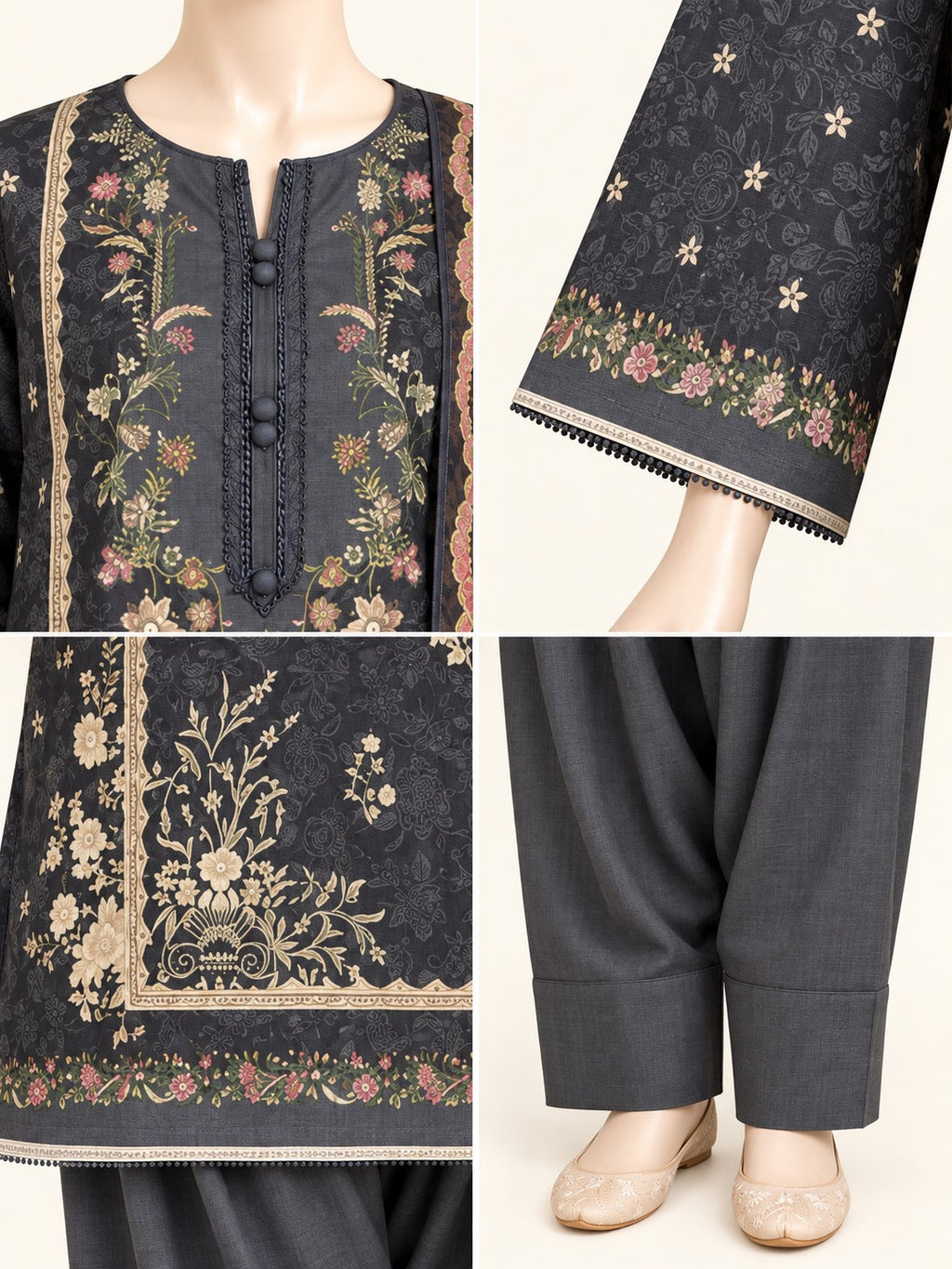 Charcoal Floral 3-Piece Printed Suit - details view