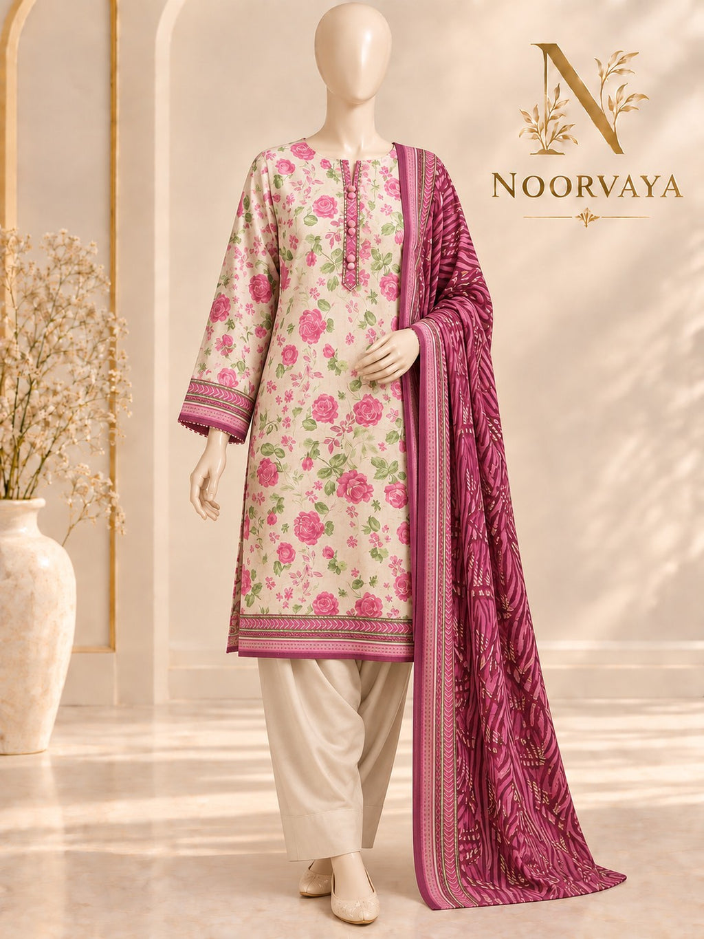 Ivory Rose 3-Piece Printed Suit - front final view