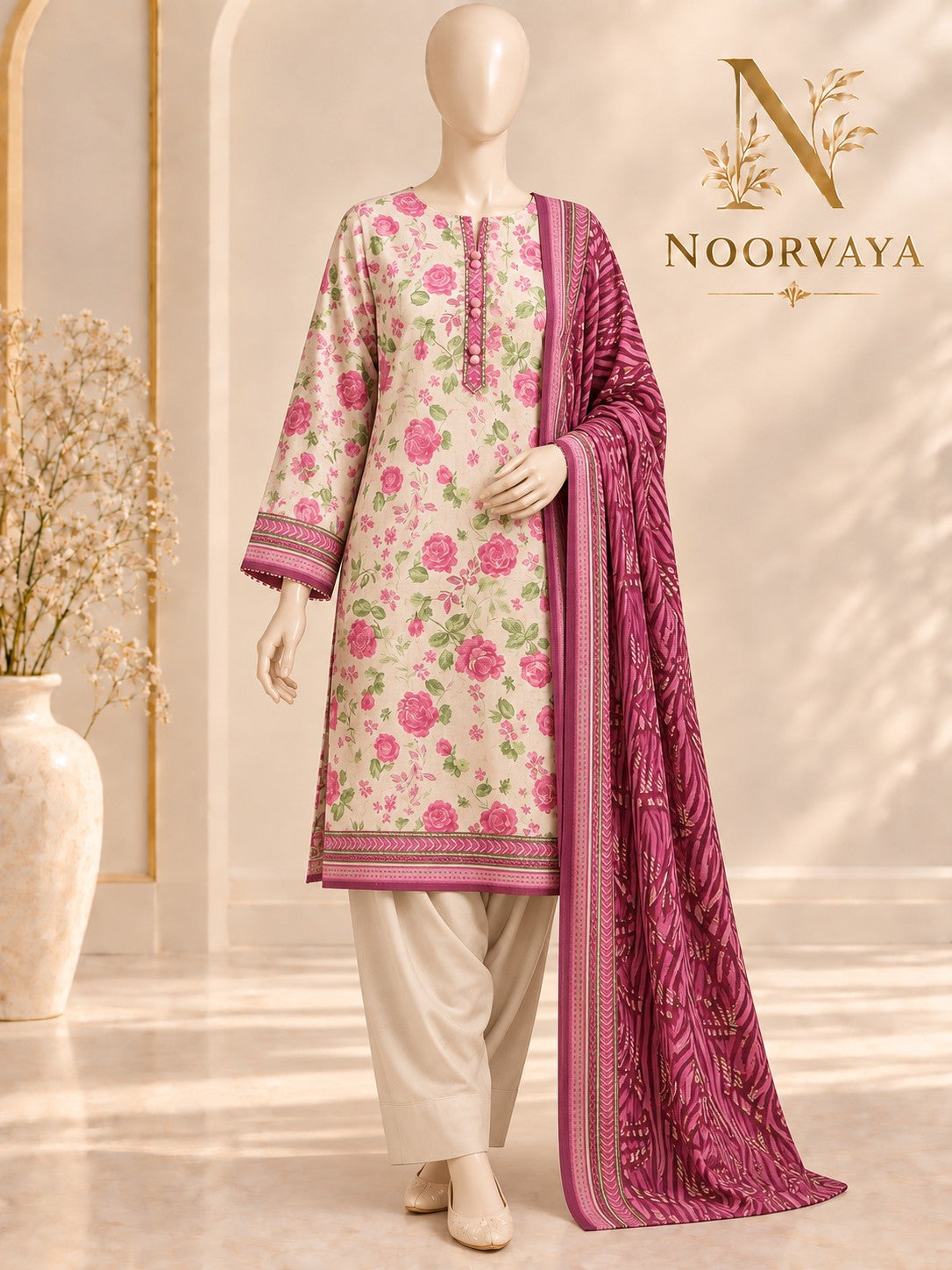 Ivory Rose 3-Piece Printed Suit - front final view