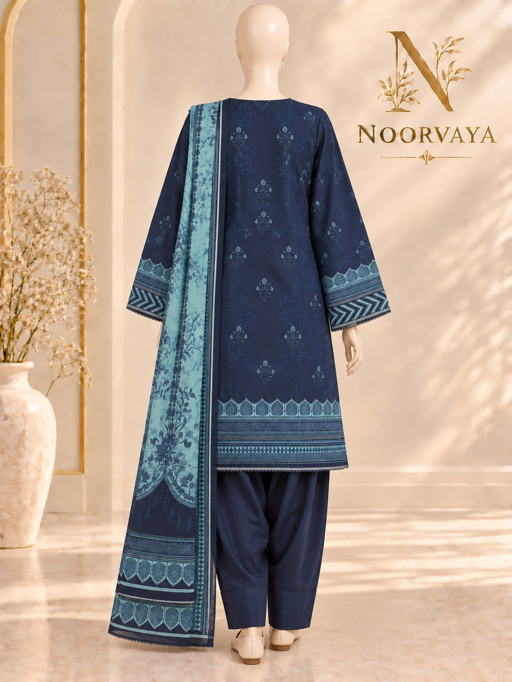 Midnight Aqua 3-Piece Printed Lawn Suit - back view