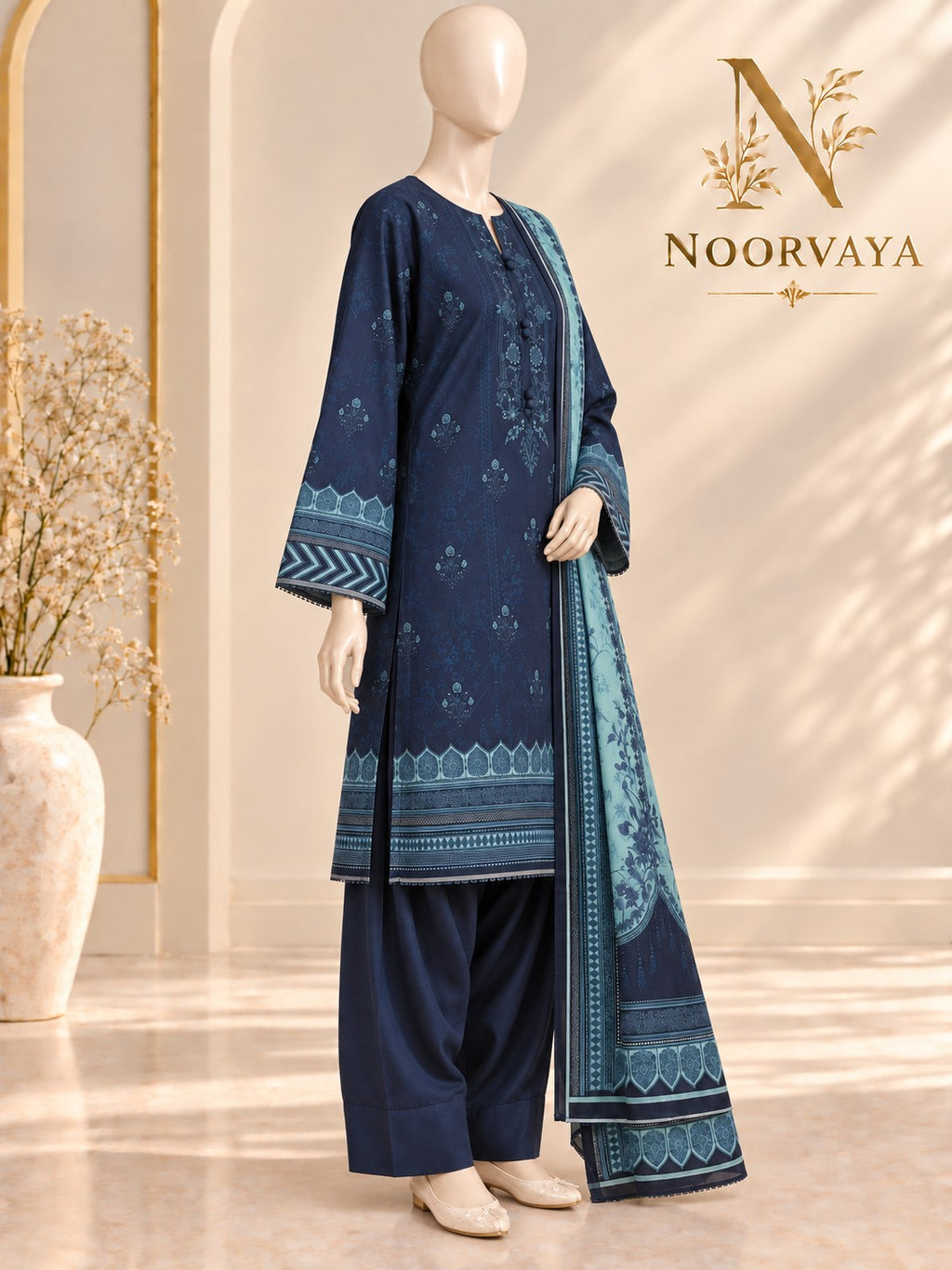 Midnight Aqua 3-Piece Printed Lawn Suit - left view