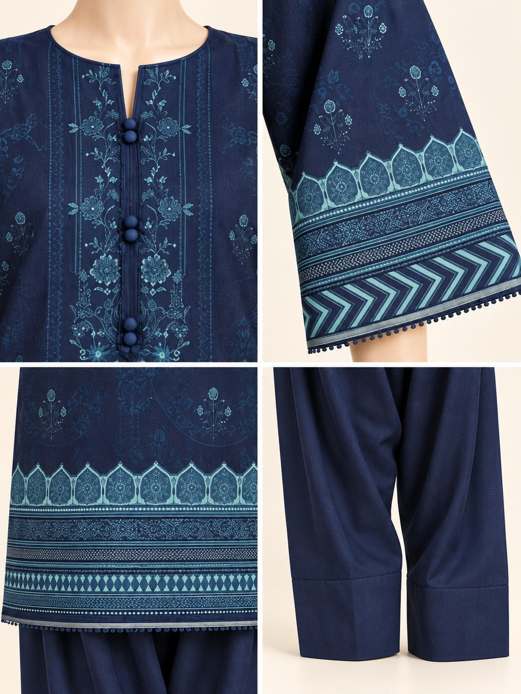 Midnight Aqua 3-Piece Printed Lawn Suit - details view