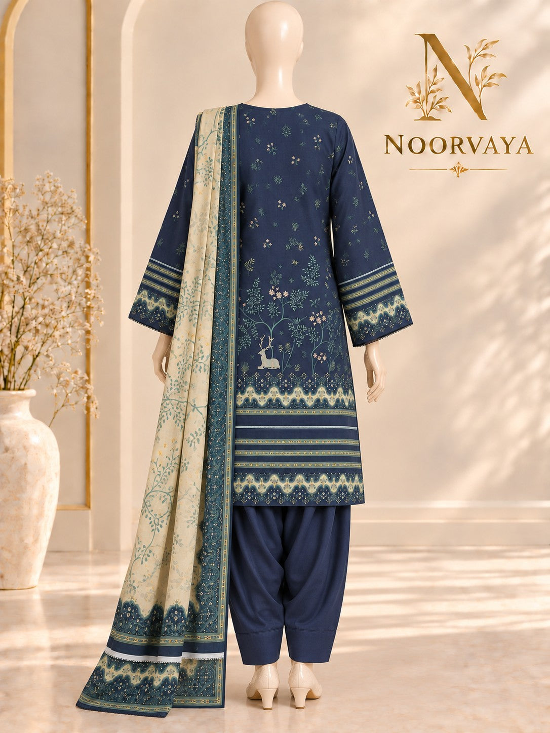 Navy Woodland 3-Piece Printed Lawn Suit - back view