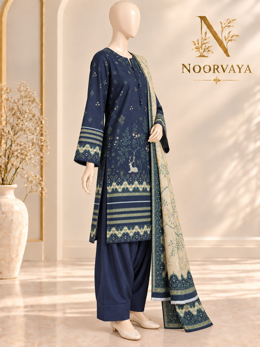 Navy Woodland 3-Piece Printed Lawn Suit - left view