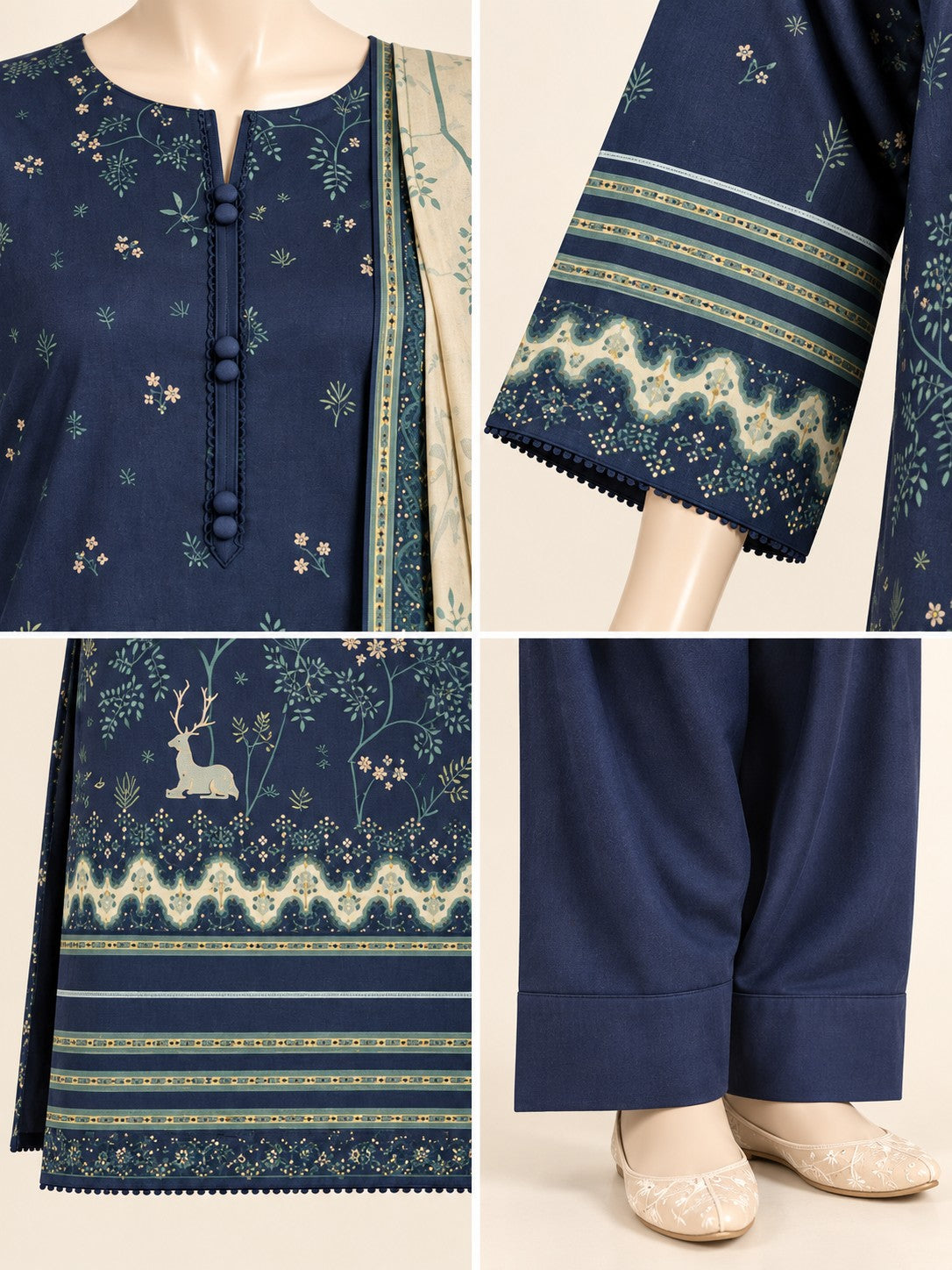 Navy Woodland 3-Piece Printed Lawn Suit - details view