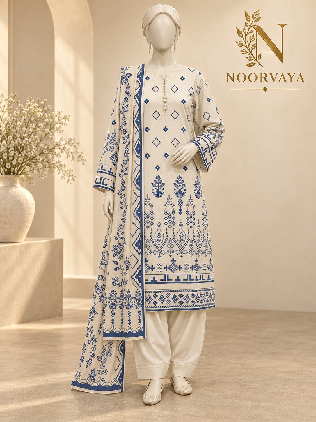 Ivory Indigo 3-Piece Printed Suit - front corrected view