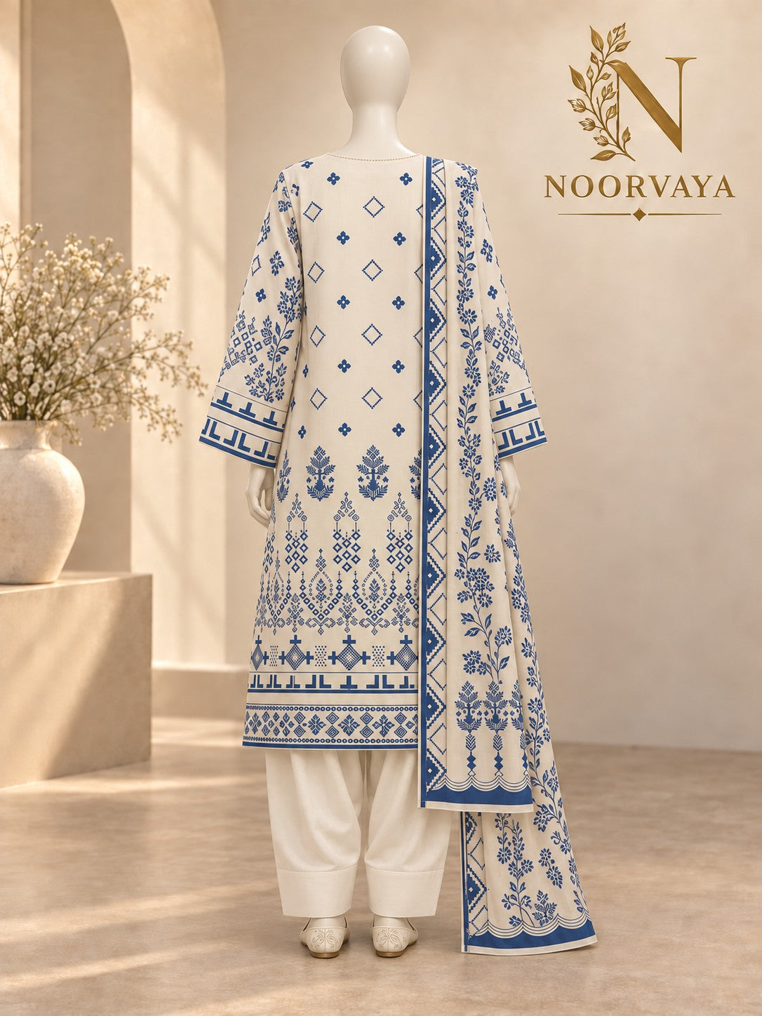 Ivory Indigo 3-Piece Printed Suit - back view