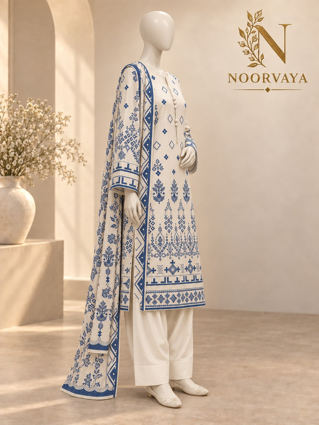 Ivory Indigo 3-Piece Printed Suit - left view