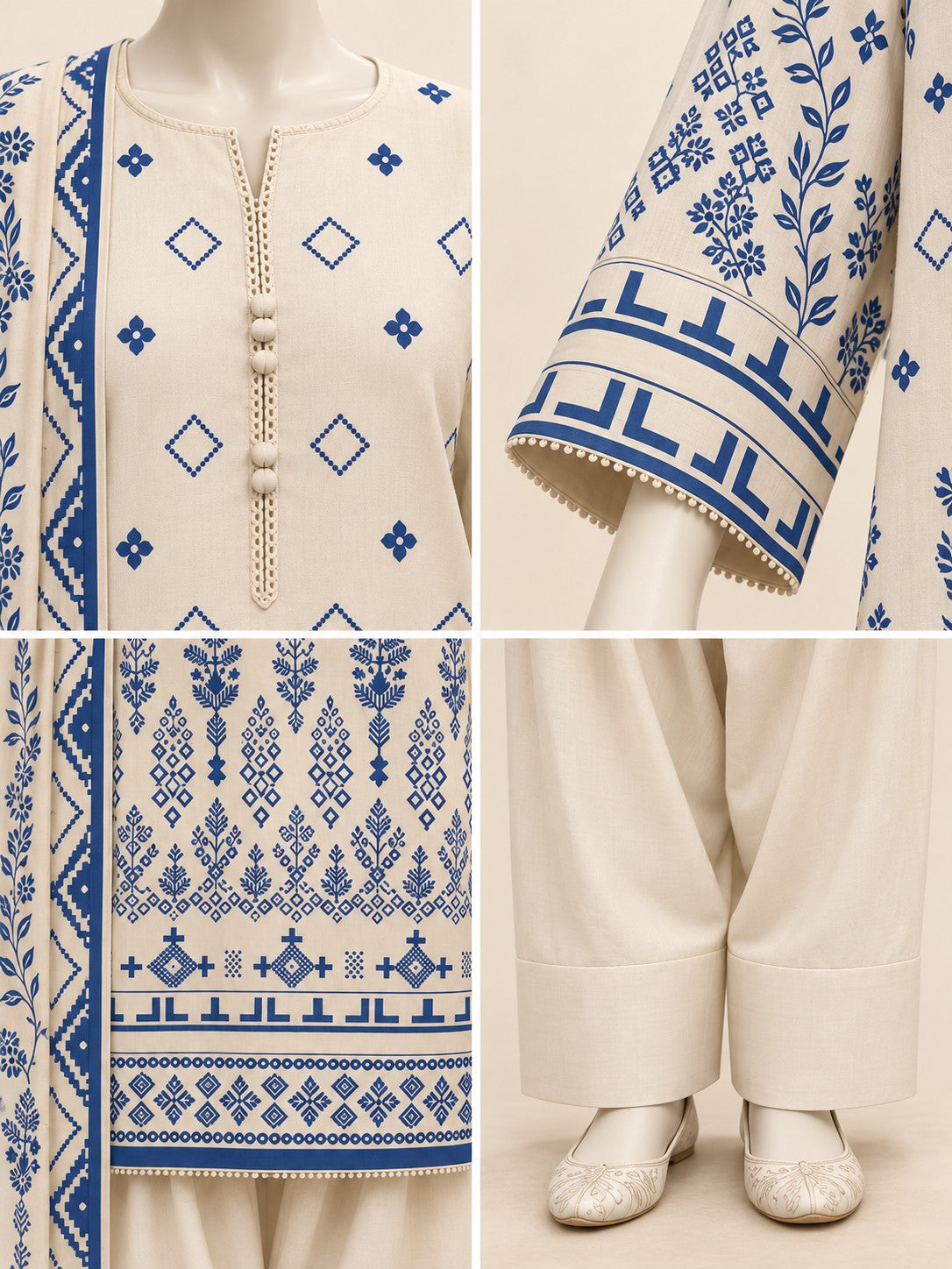 Ivory Indigo 3-Piece Printed Suit - details view