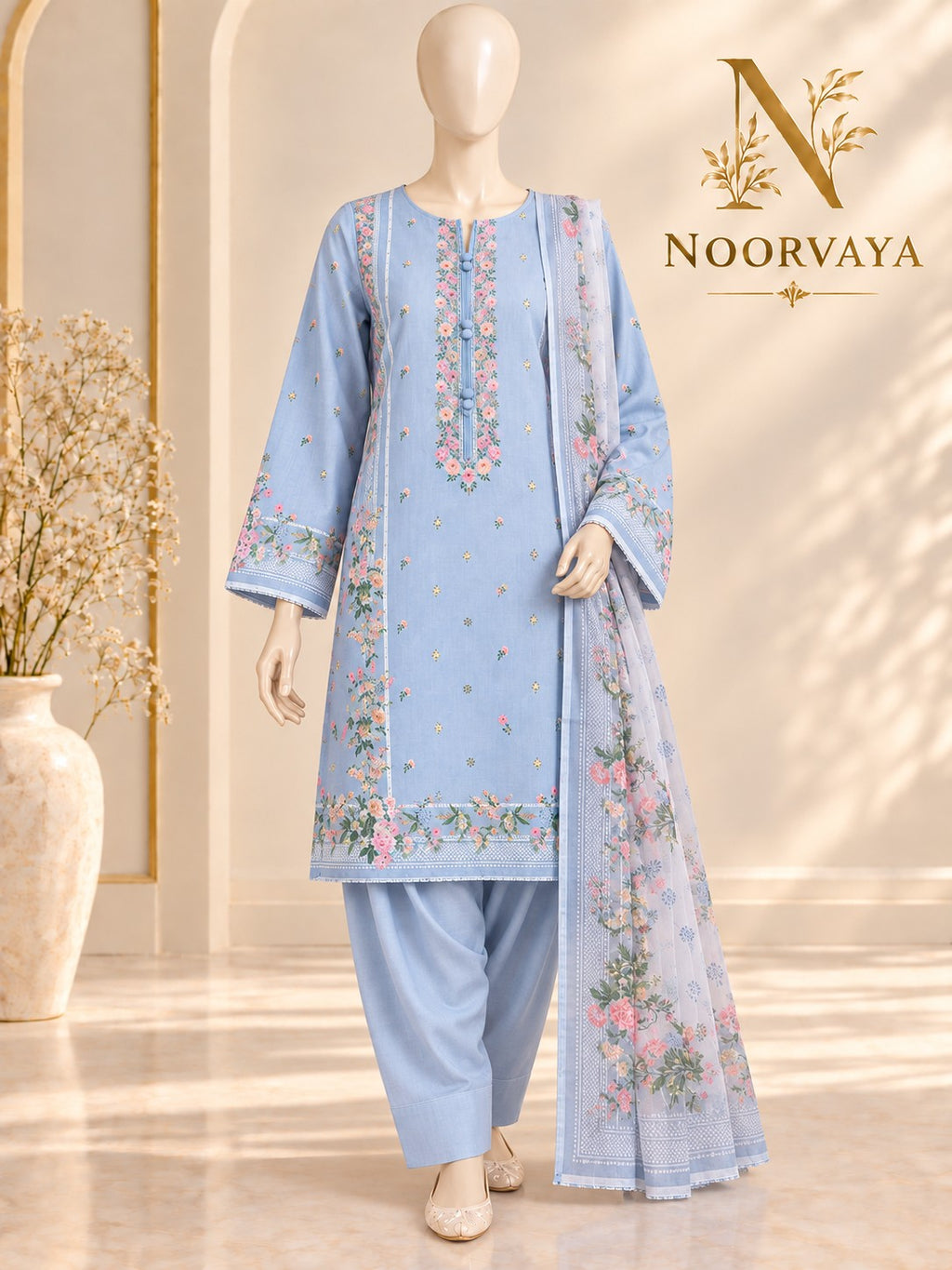 Powder Blue Floral 3-Piece Printed Suit - front final view
