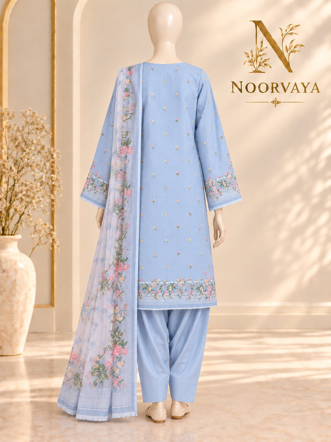 Powder Blue Floral 3-Piece Printed Suit - back view