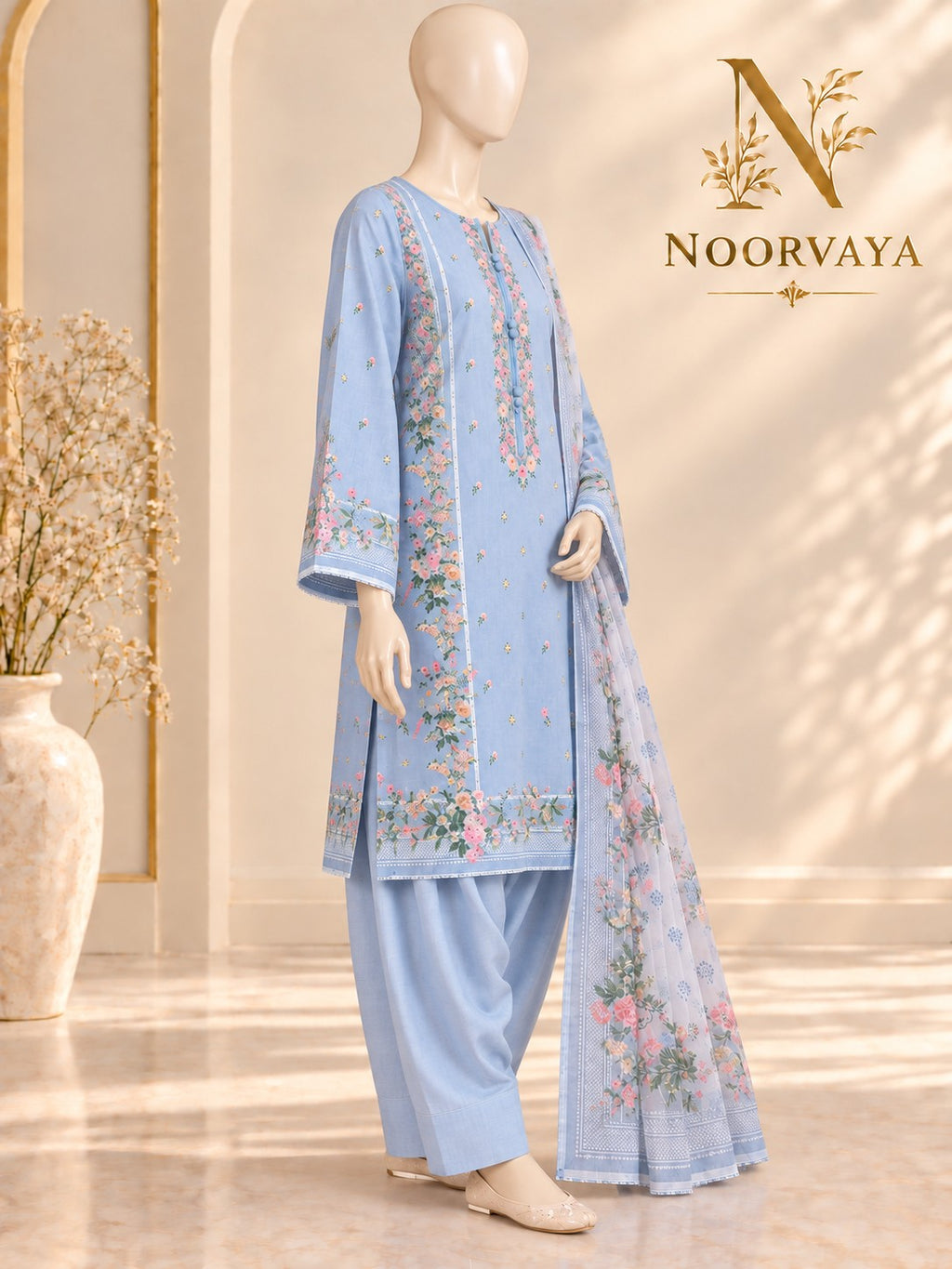 Powder Blue Floral 3-Piece Printed Suit - left view