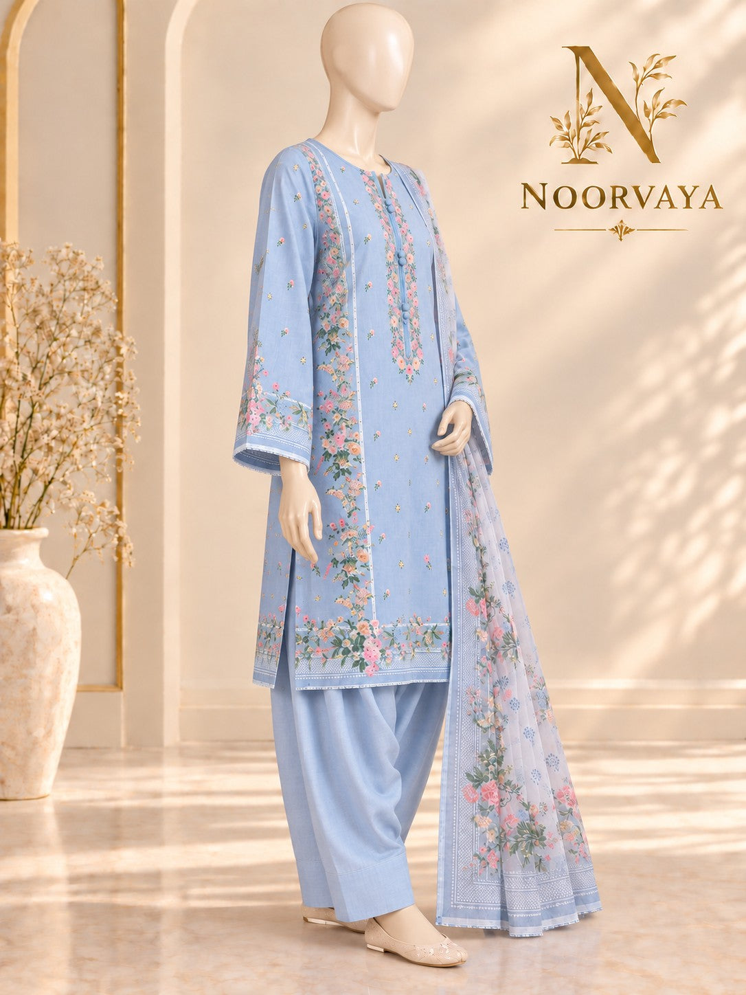 Powder Blue Floral 3-Piece Printed Suit - left view