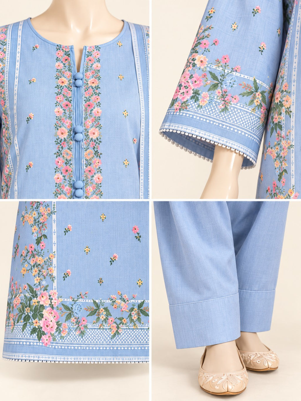 Powder Blue Floral 3-Piece Printed Suit - details view