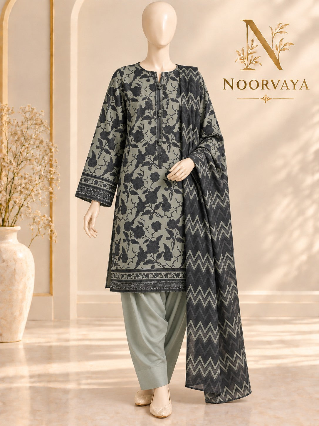 Sage Charcoal 3-Piece Printed Suit - front final view