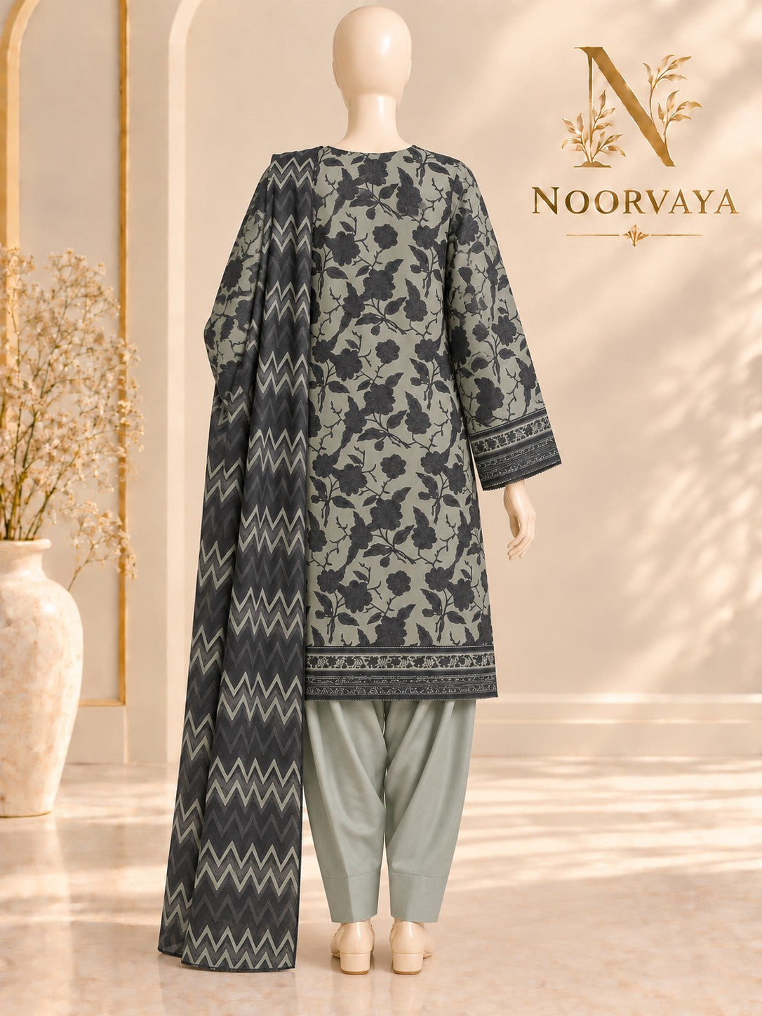 Sage Charcoal 3-Piece Printed Suit - back view