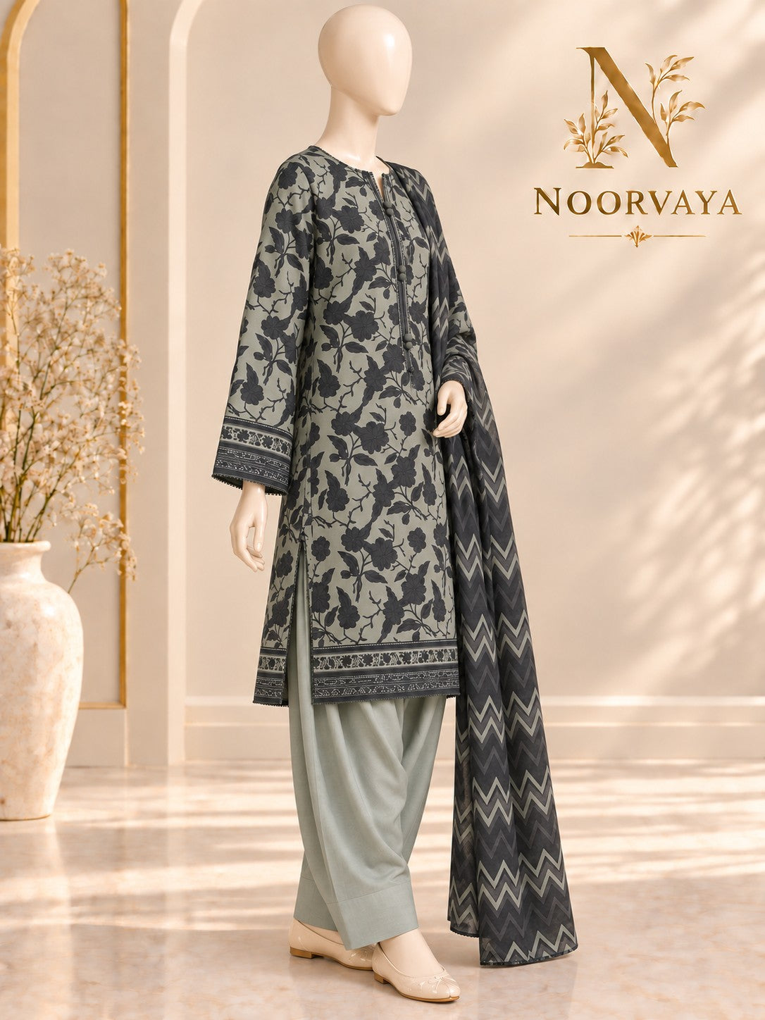 Sage Charcoal 3-Piece Printed Suit - left view