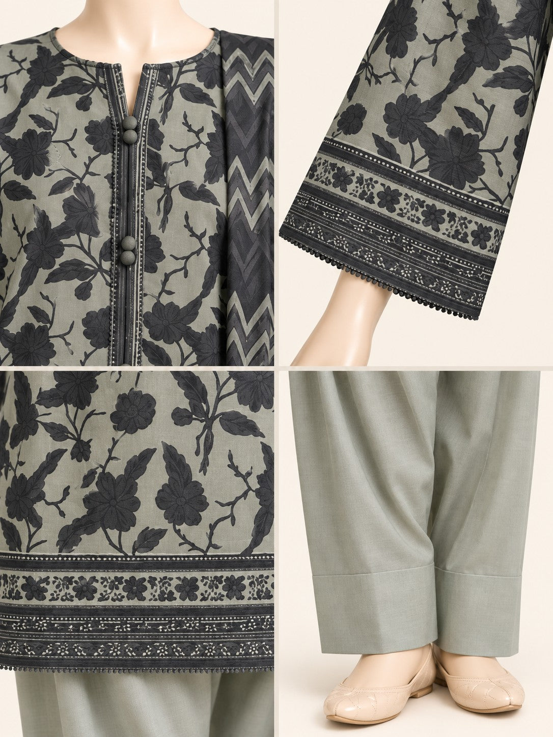 Sage Charcoal 3-Piece Printed Suit - details view
