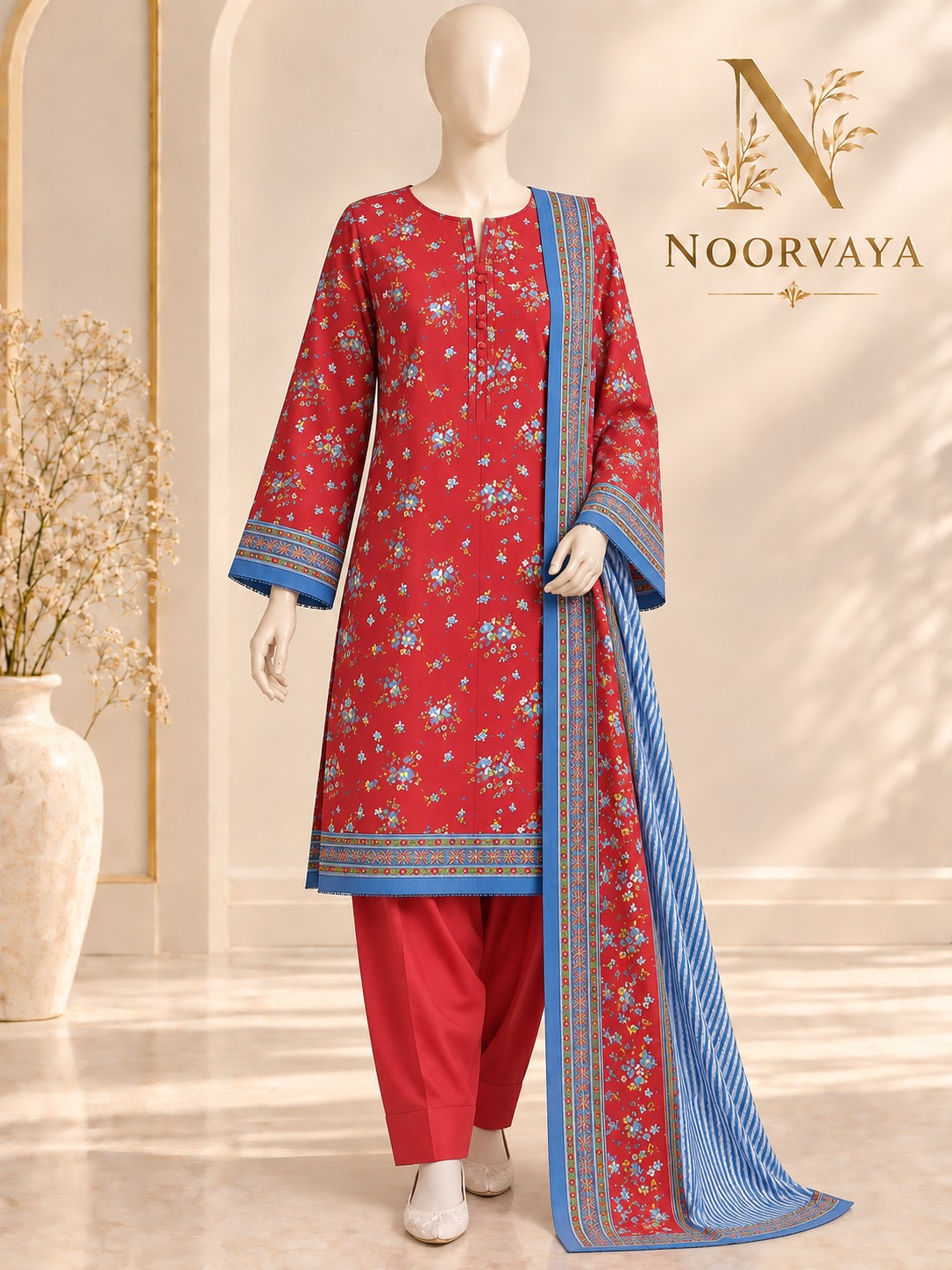 Red Blue Floral 3-Piece Printed Suit - front final view