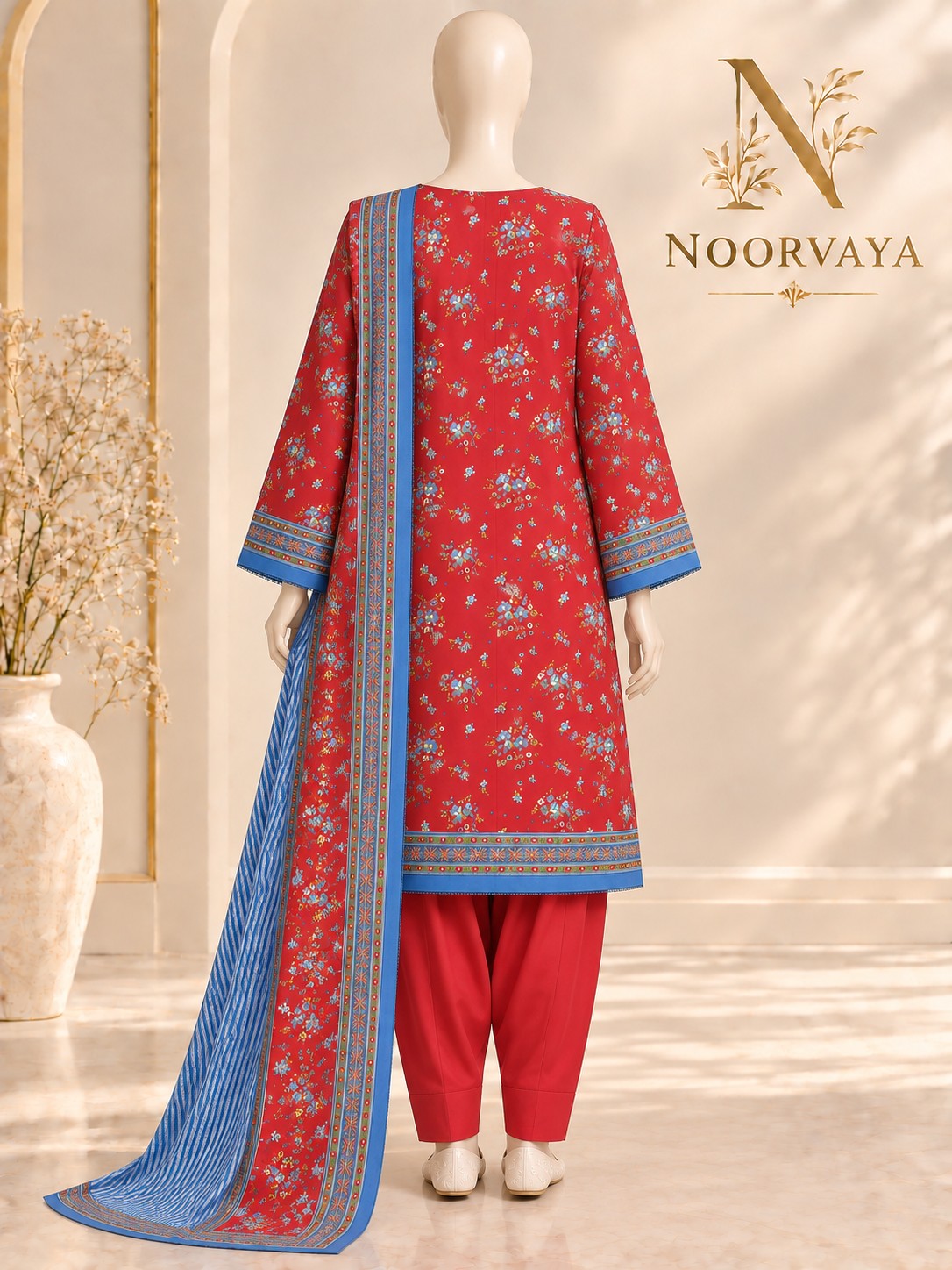Red Blue Floral 3-Piece Printed Suit - back view